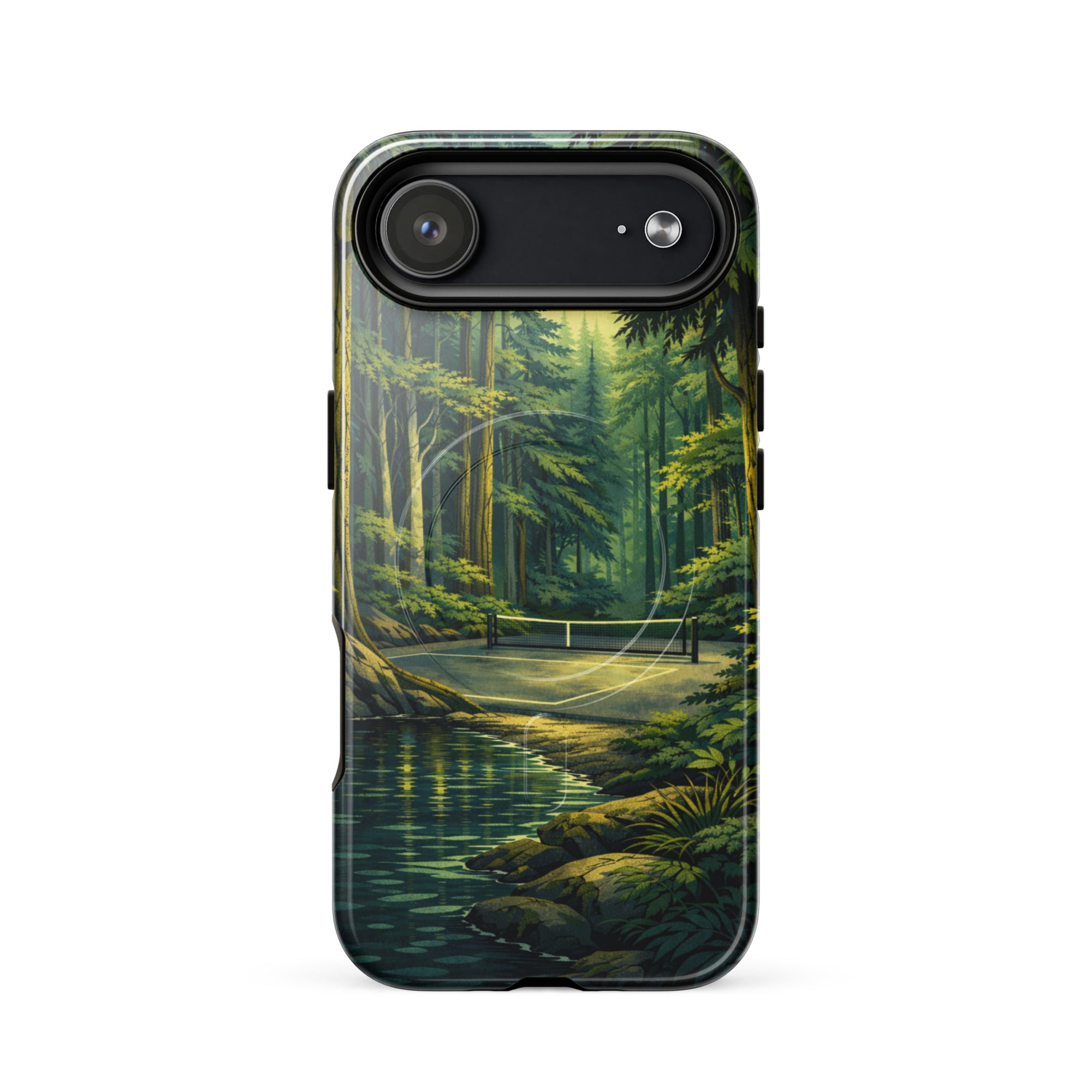 Glossy PeaMac Pickleball Hidden Forest MagSafe tough iPhone 17 case with pickleball-themed design and durable protective build.