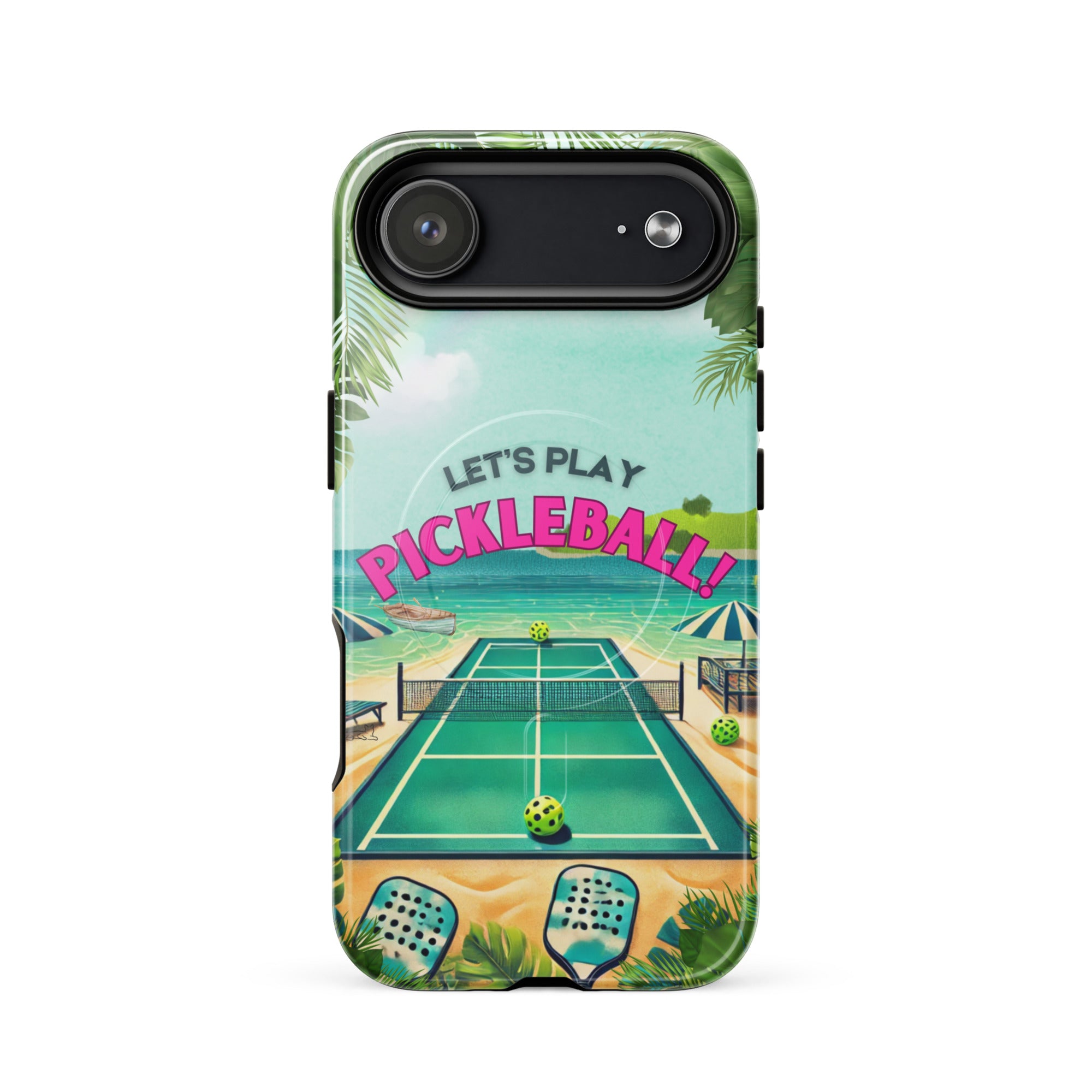 PeaMac Pickleball Tees Let's Play Pickleball MagSafe tough phone case for iPhone 17 Air, glossy finish, front view.