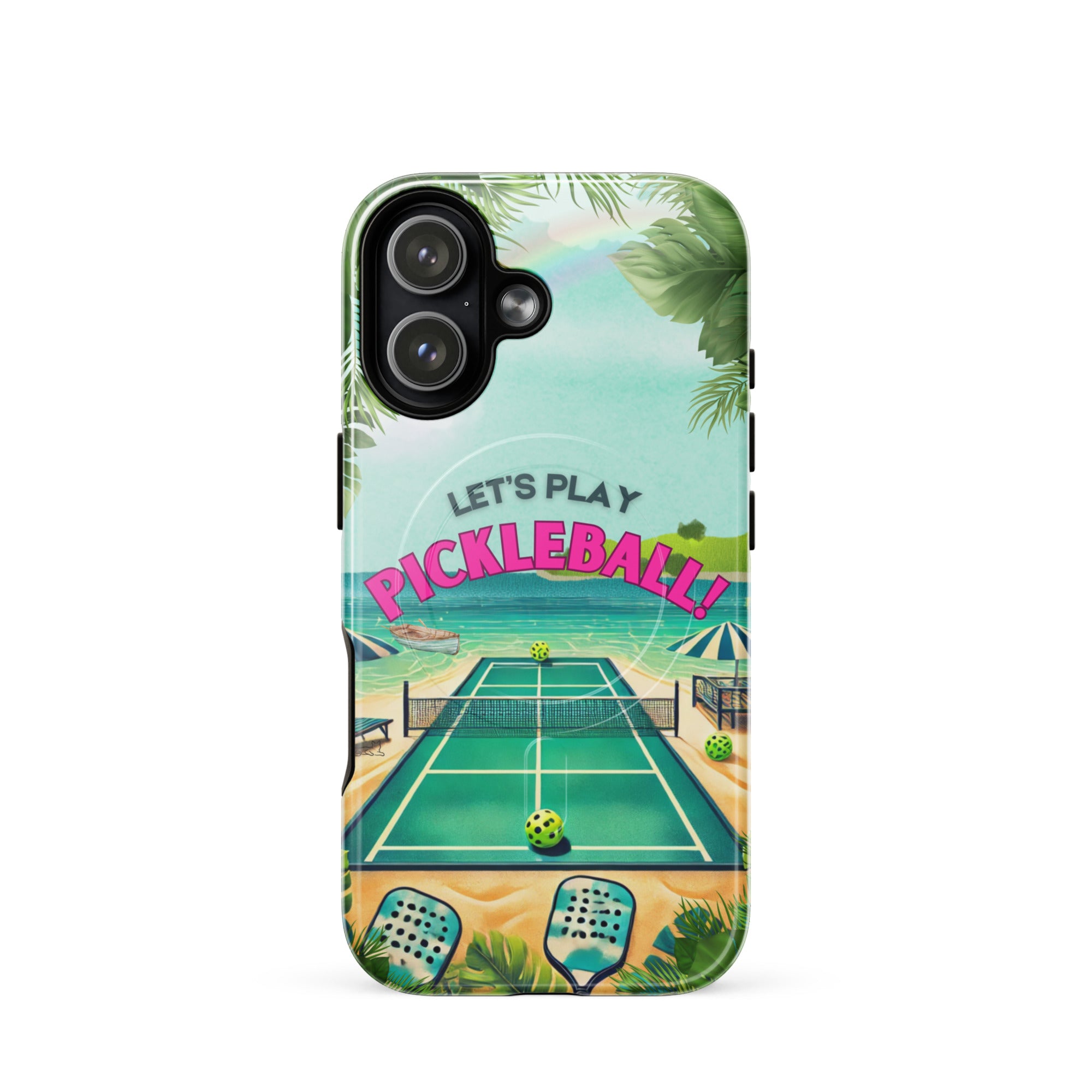 Glossy MagSafe tough iPhone 17 case featuring Pickleball Tees branding, designed for durability and style.
