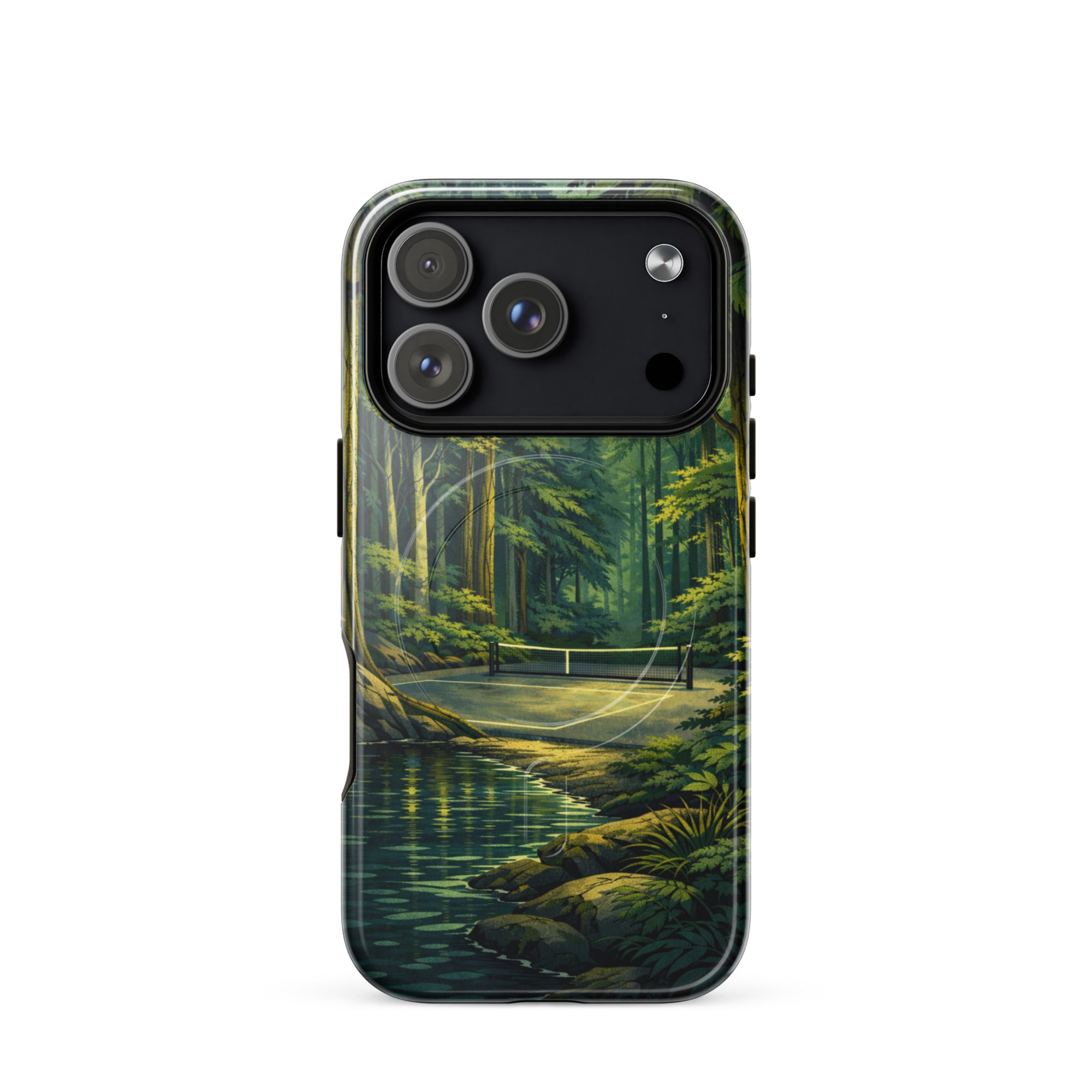 Glossy PeaMac Pickleball Hidden Forest MagSafe tough phone case on iPhone 17 Pro, featuring a vibrant forest design.