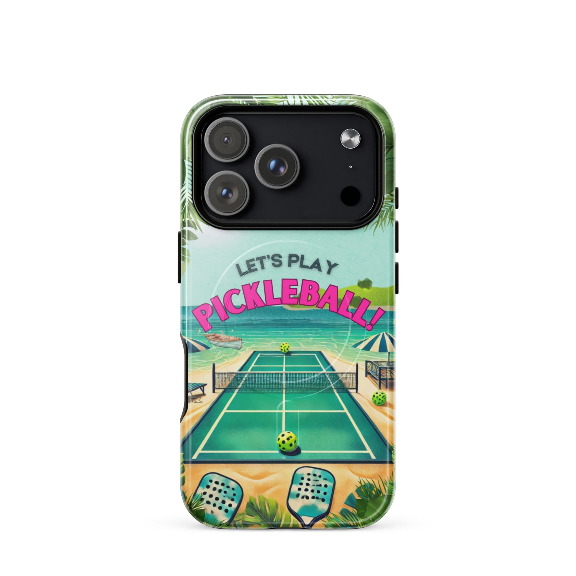Glossy PeaMac Pickleball Tees MagSafe tough phone case for iPhone 17 Pro, featuring a vibrant pickleball-themed design.