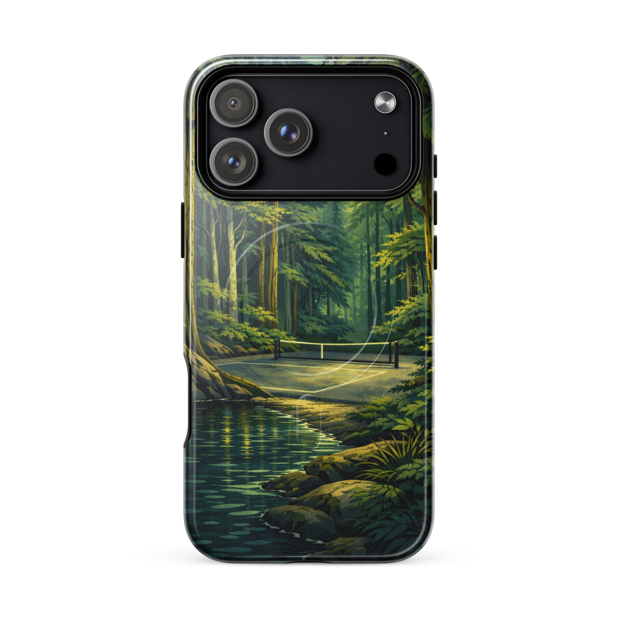 Glossy PeaMac Pickleball Hidden Forest Pickleball Phone Case for iPhone 17 Pro Max with MagSafe® compatibility.