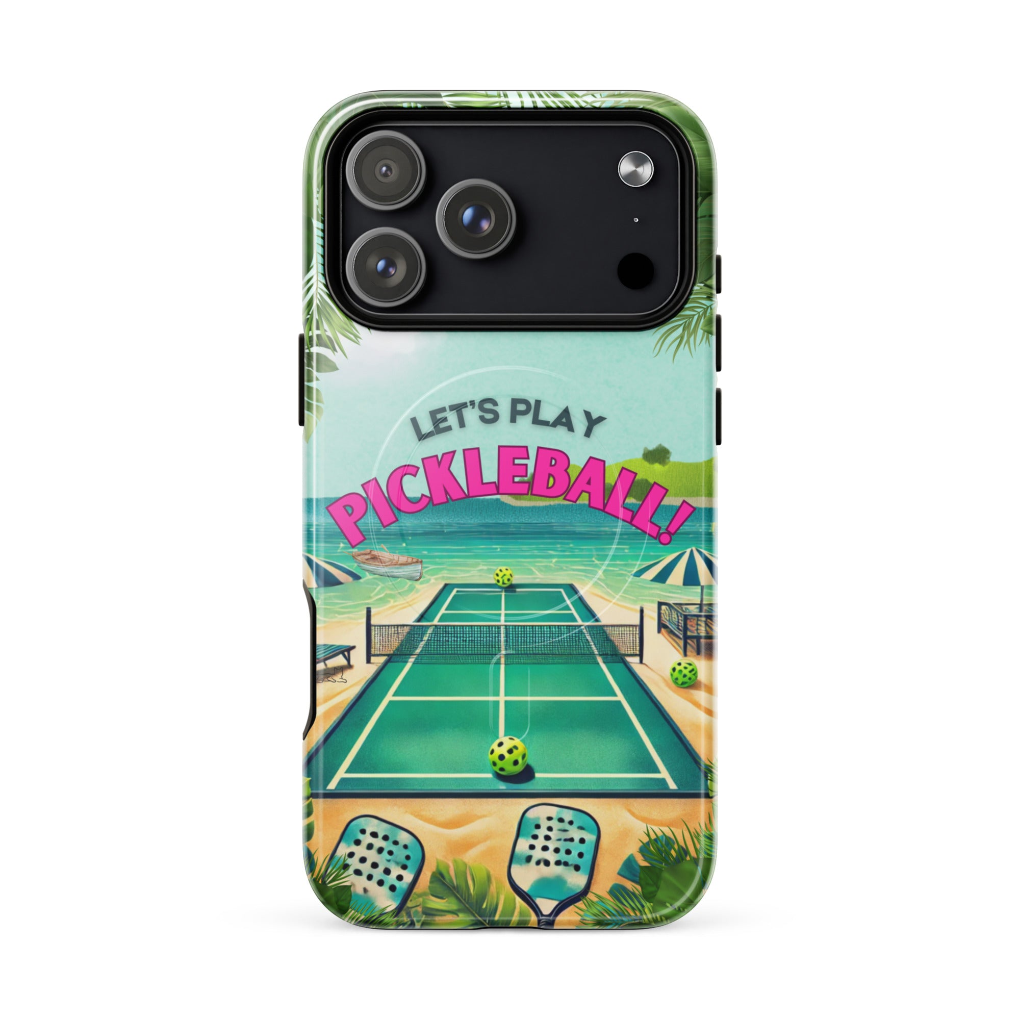 Glossy PeaMac Pickleball Tees MagSafe tough phone case for iPhone 17 Pro Max, featuring colorful pickleball design on the front.