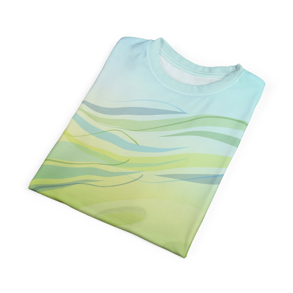 Unisex Summer Breeze pickleball t-shirt by PeaMac Tees, all-over wicking polyester crew neck t-shirt, folded view.