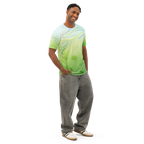 Unisex Summer Breeze pickleball t-shirt by PeaMac Tees, all-over wicking polyester crew neck t-shirt, front right view.