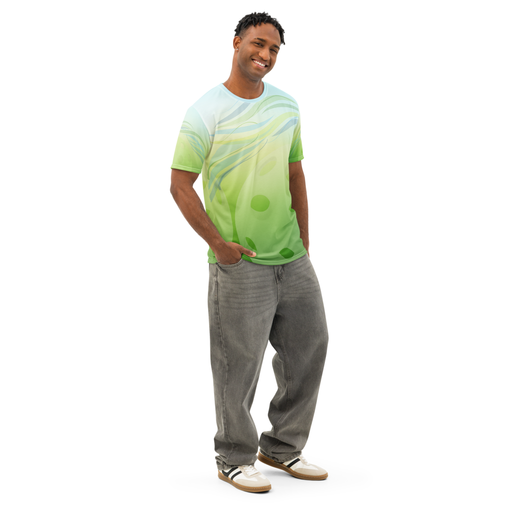 Unisex Summer Breeze pickleball t-shirt by PeaMac Tees, all-over wicking polyester crew neck t-shirt, front right view.