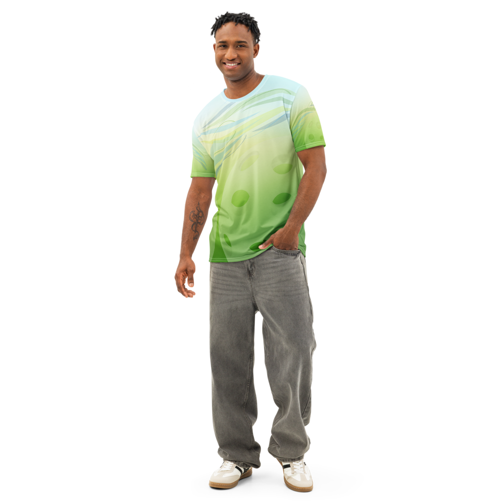 Unisex Summer Breeze pickleball t-shirt by PeaMac Tees, all-over wicking polyester crew neck t-shirt, front view.