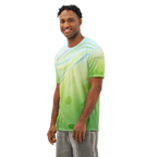 Unisex Pickleball Summer Breeze Tee by PeaMac Pickleball Tees, green leaf wave all-over print cotton T-shirt, crew neck, front view