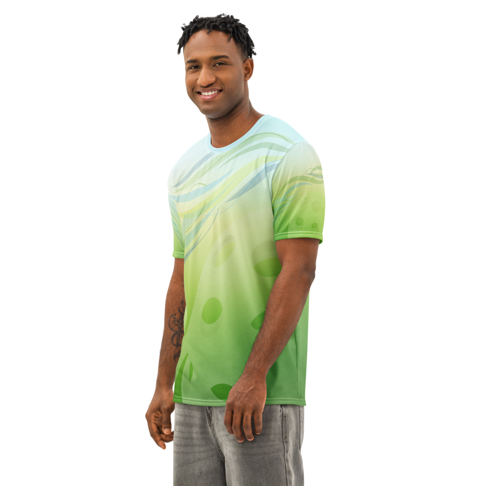 Unisex Pickleball Summer Breeze Tee by PeaMac Pickleball Tees, green leaf wave all-over print cotton T-shirt, crew neck, front view