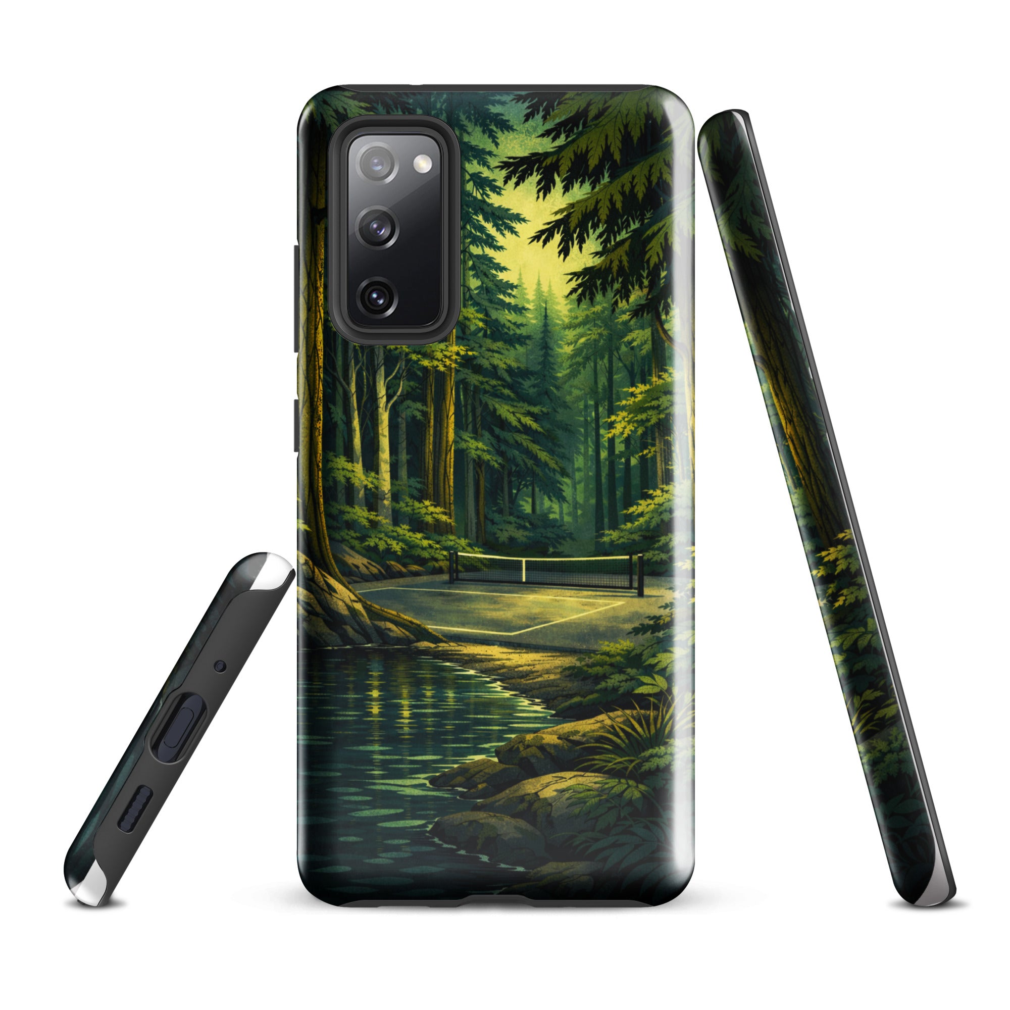 Tough glossy Samsung Galaxy S20 FE phone case featuring a Hidden Forest Pickleball design by PeaMac Pickleball Tees.