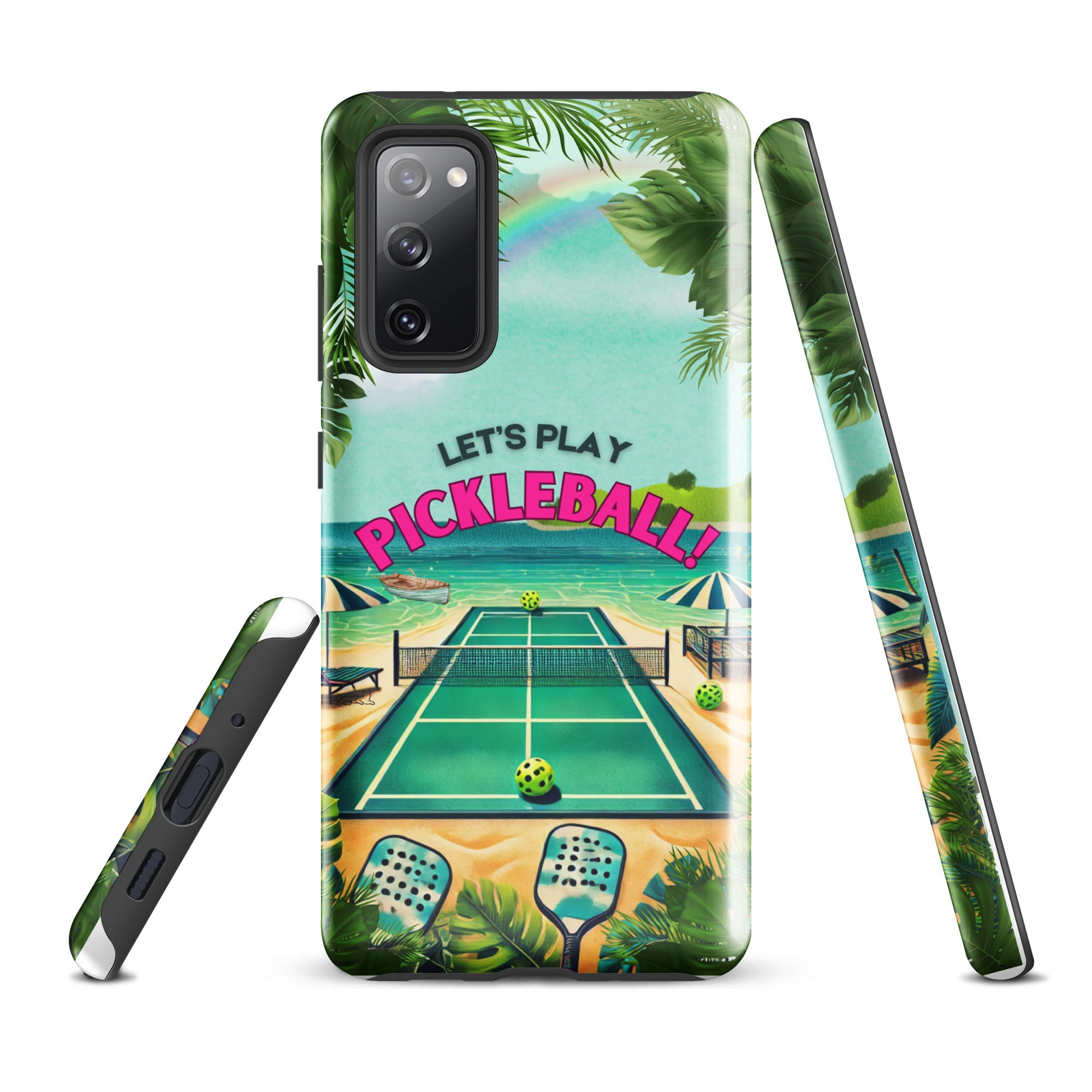 PeaMac Pickleball Tees tough phone case for Samsung Galaxy S20 FE, glossy finish, durable protection, featuring pickleball design.