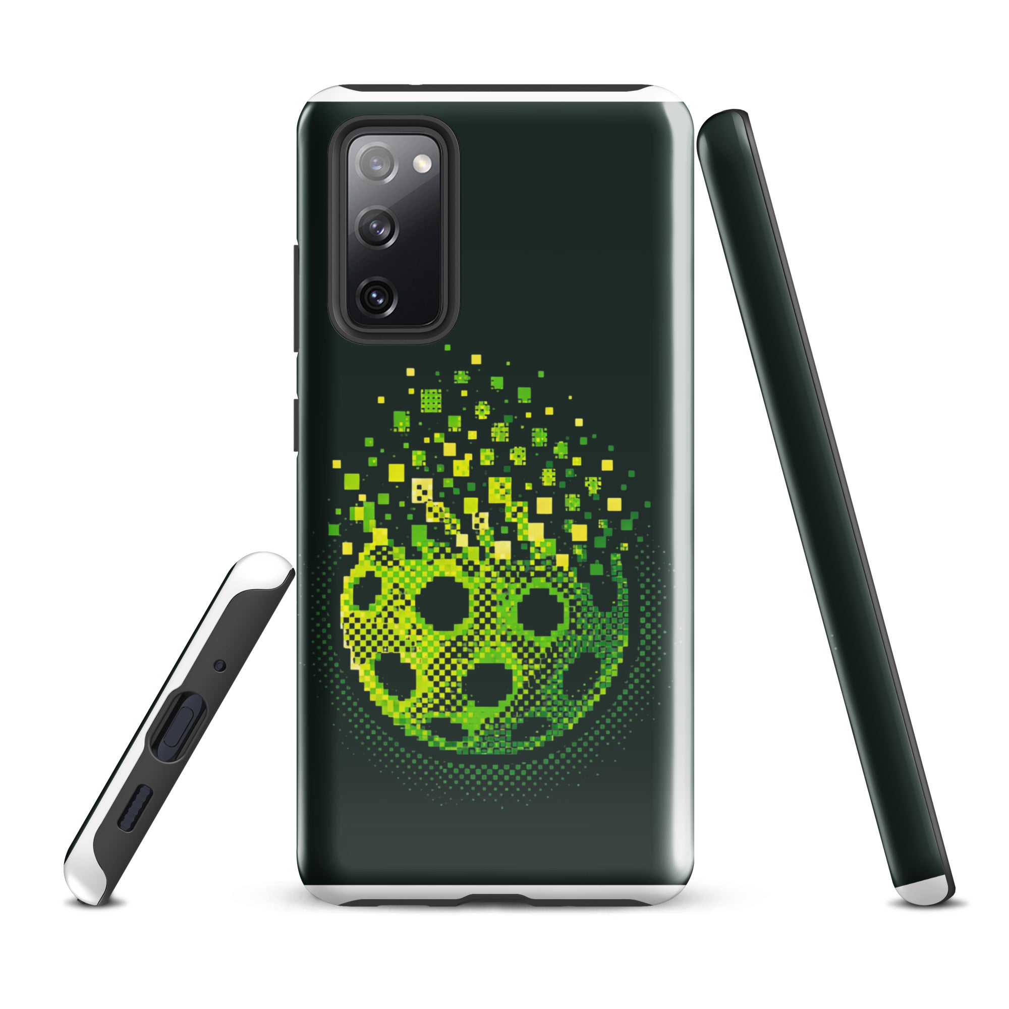 Tough glossy Samsung Galaxy S20 FE phone case with Matrix Burst Pickleball design by PeaMac Pickleball Tees.