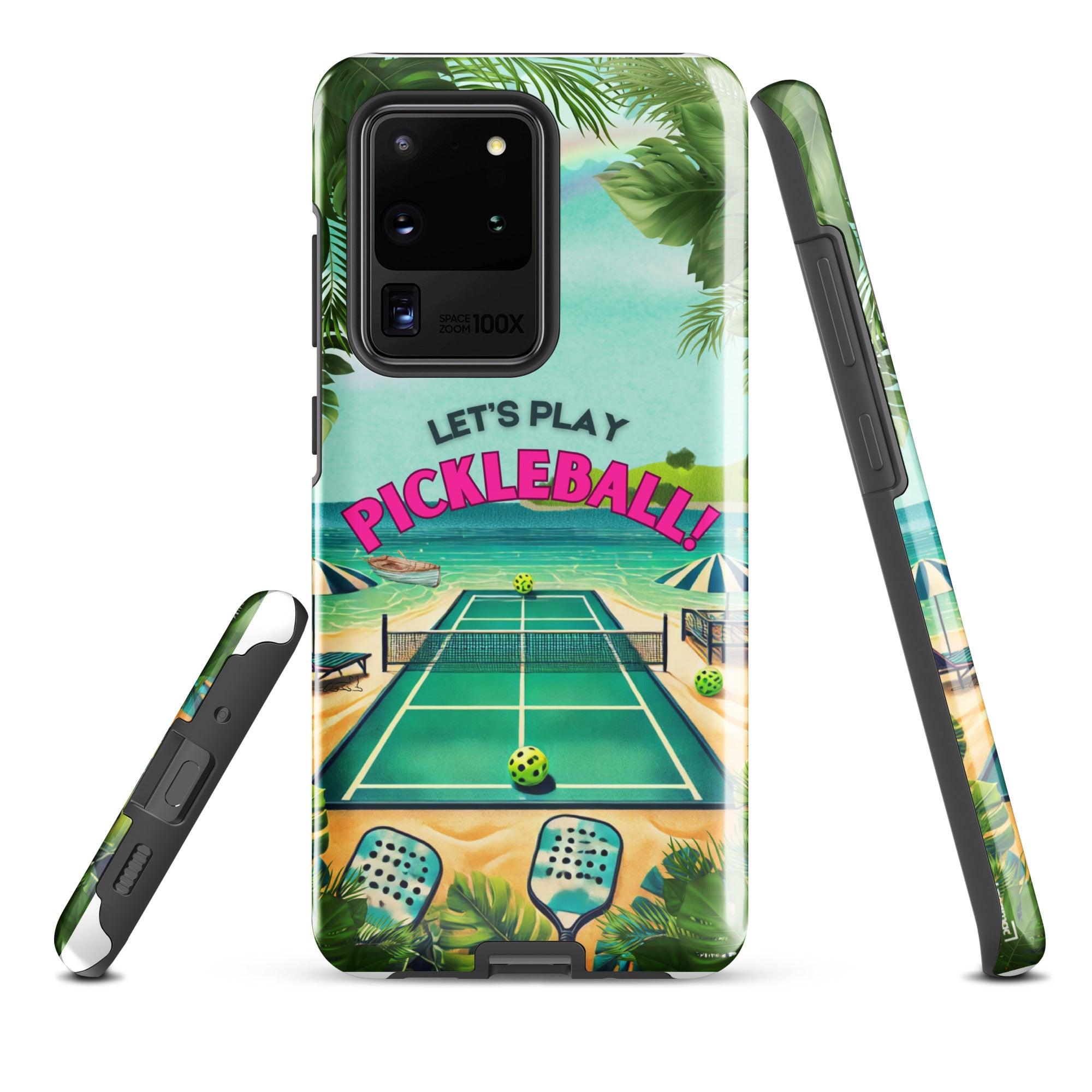 Tough glossy Samsung Galaxy S20 Ultra phone case featuring Let's Play Pickleball design by PeaMac Pickleball Tees.