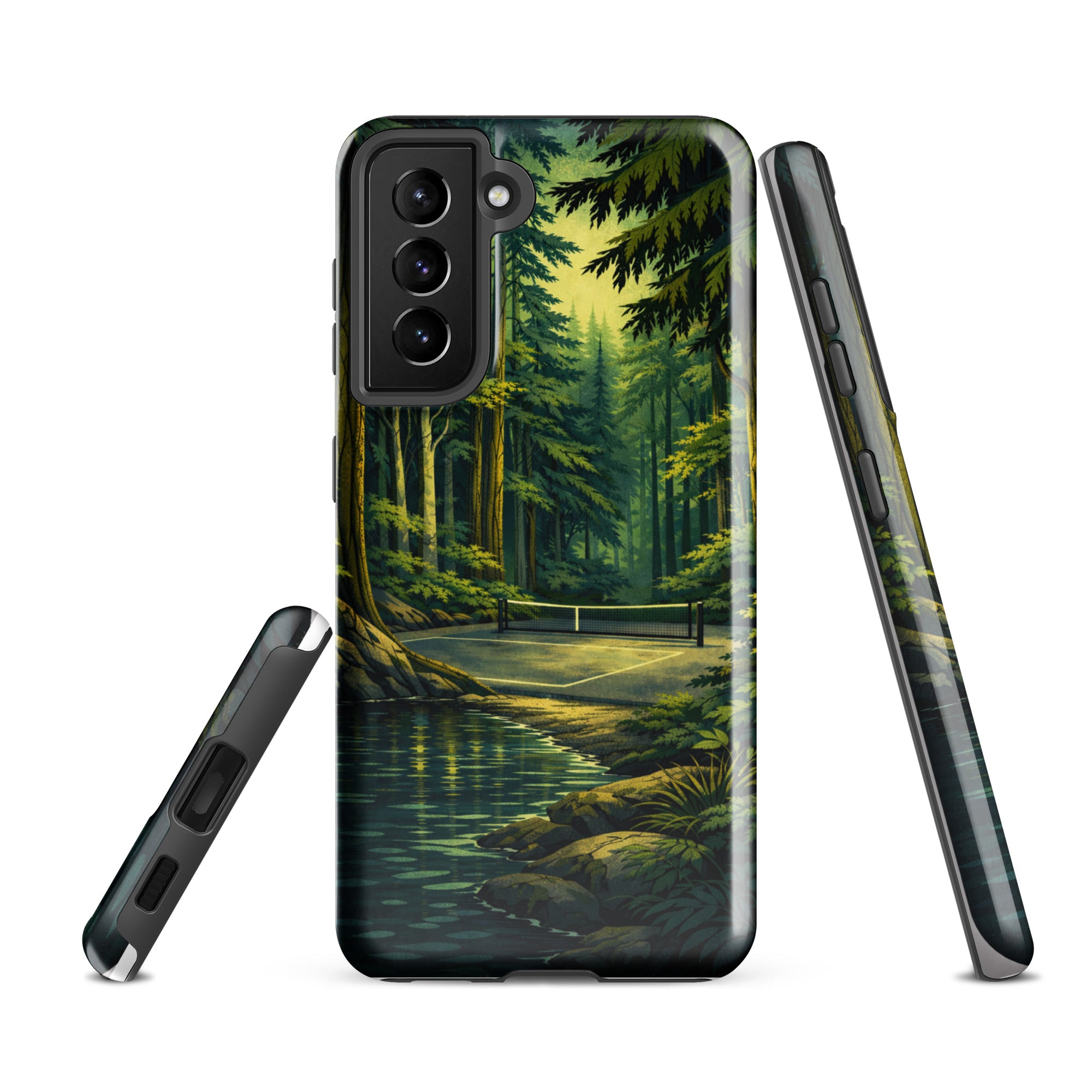 Glossy Samsung Galaxy S21 FE phone case with Hidden Forest Pickleball design, durable and protective by PeaMac Pickleball Tees.