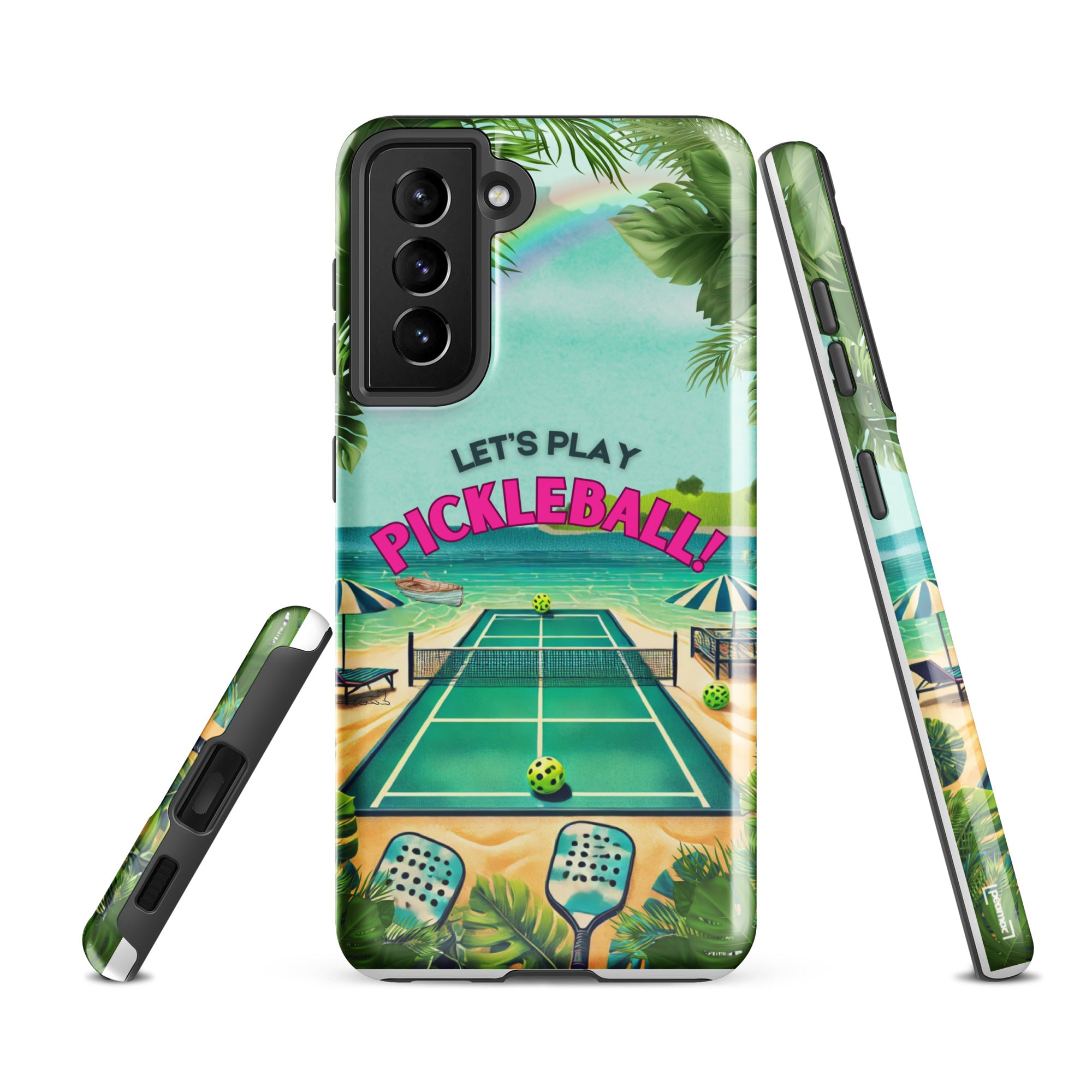 Tough glossy Samsung Galaxy S21 FE phone case featuring colorful pickleball design by PeaMac Pickleball Tees.