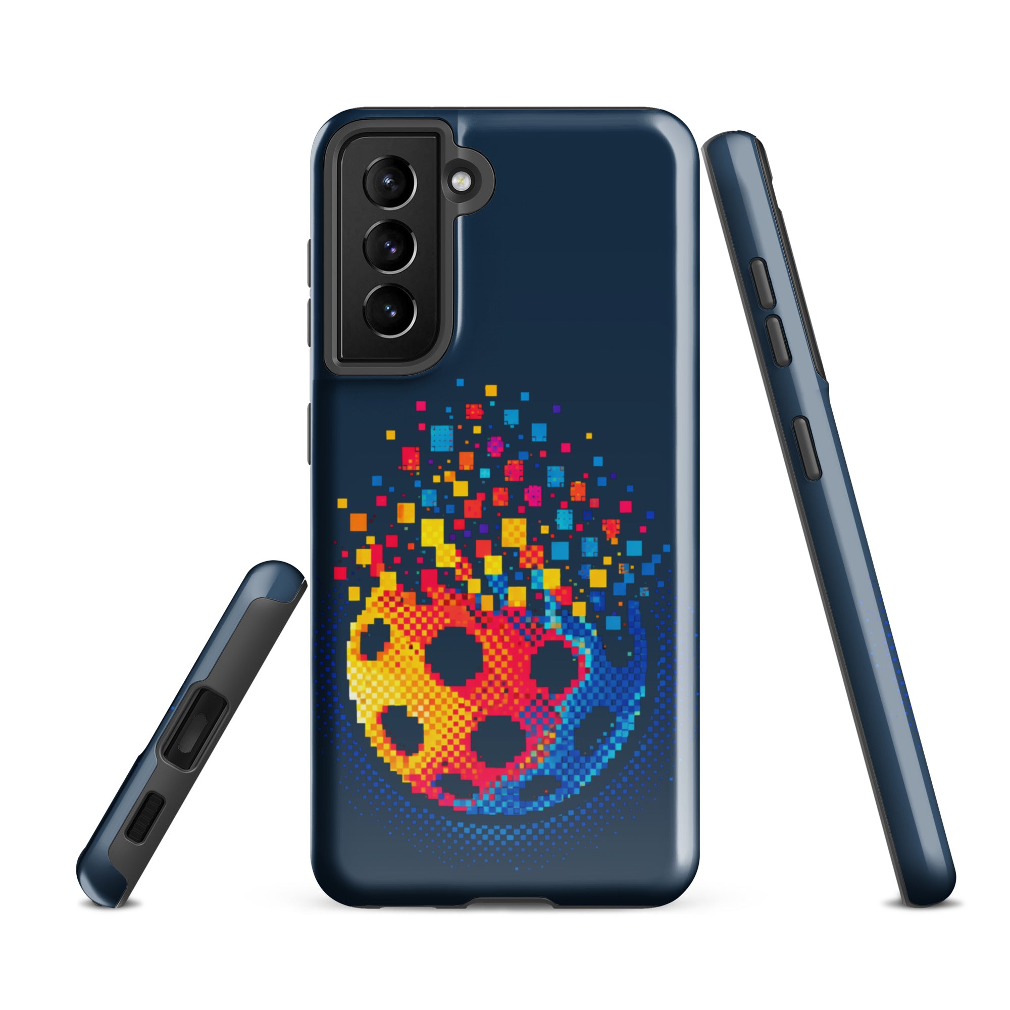 PeaMac Pickleball Matrix Burst phone case for Samsung Galaxy S21 FE, glossy tough protective cover with colorful pickleball design.