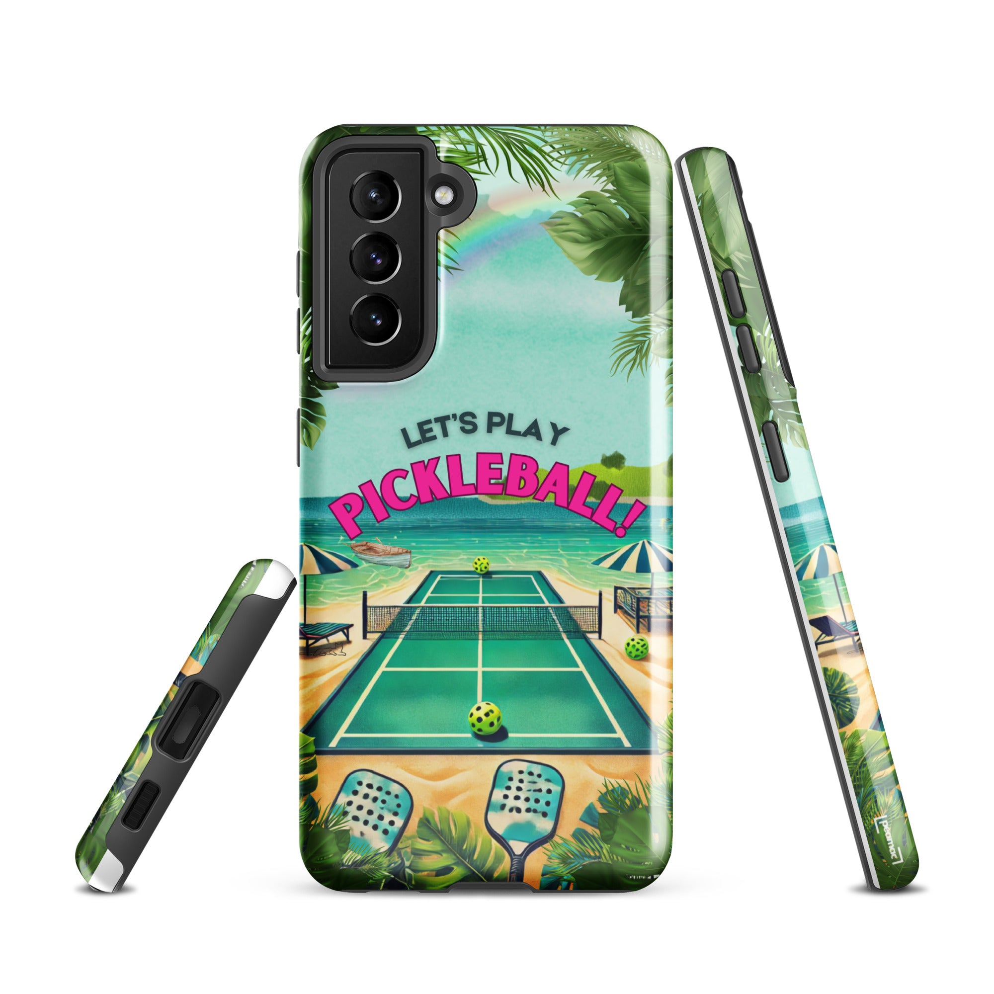 Glossy Samsung Galaxy S21 with PeaMac Pickleball Tees Let's Play Pickleball phone case, offering durable protection with colorful design.