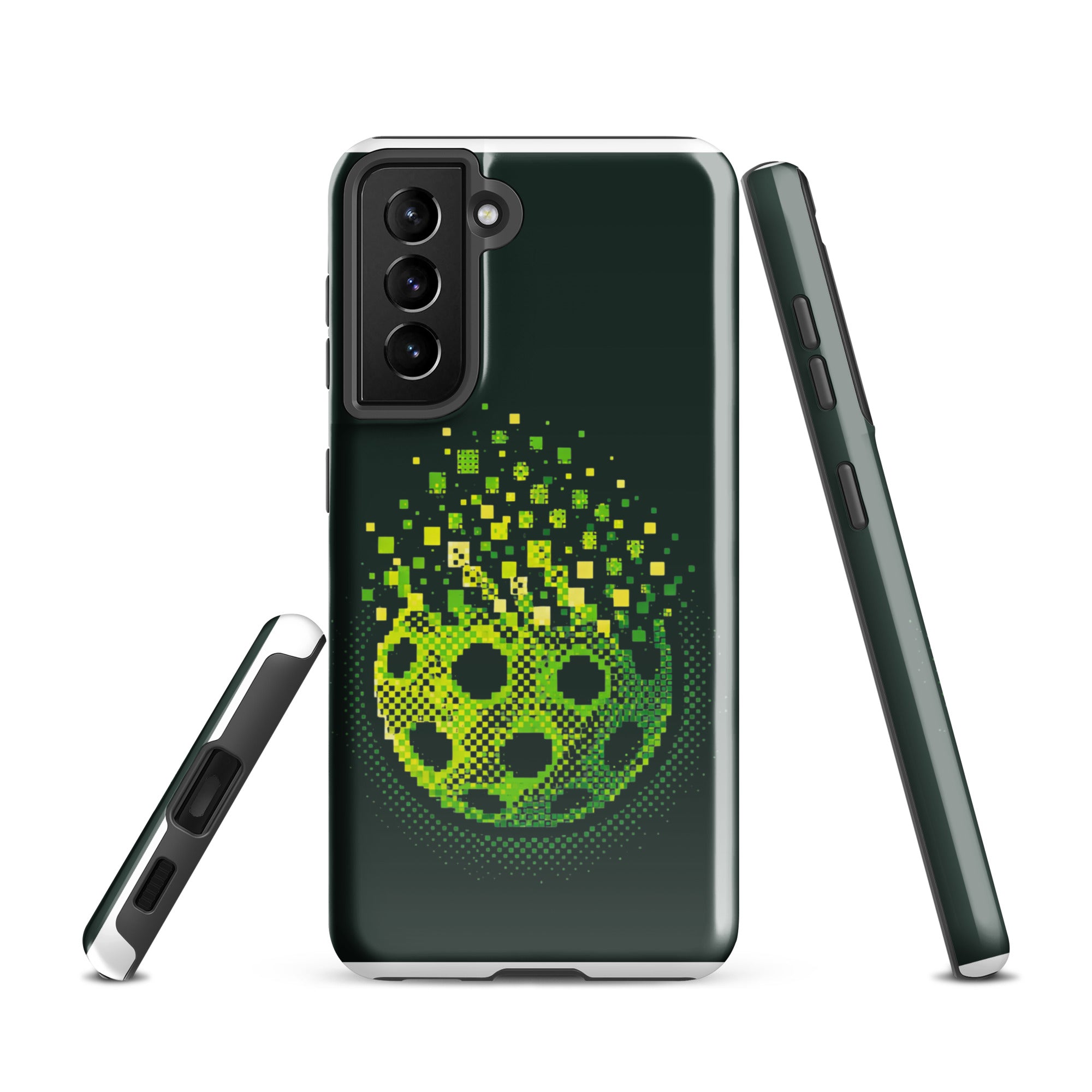 Glossy Samsung Galaxy S21 phone case by PeaMac Pickleball Tees, tough and protective with Matrix Burst Pickleball design.