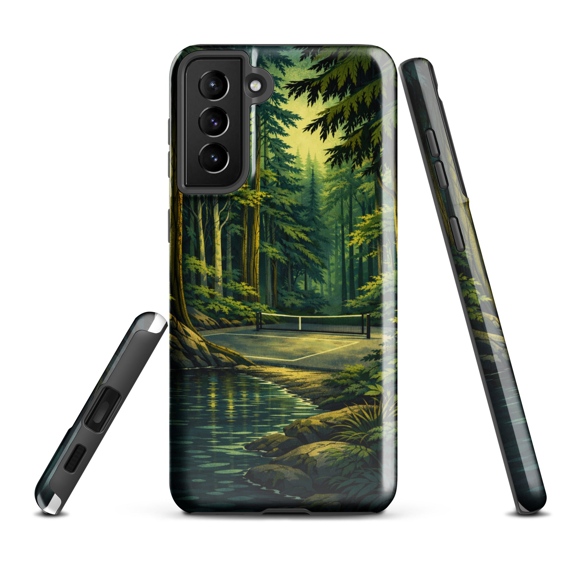 Tough glossy Samsung Galaxy S21 Plus phone case with Hidden Forest Pickleball design by PeaMac Pickleball Tees.