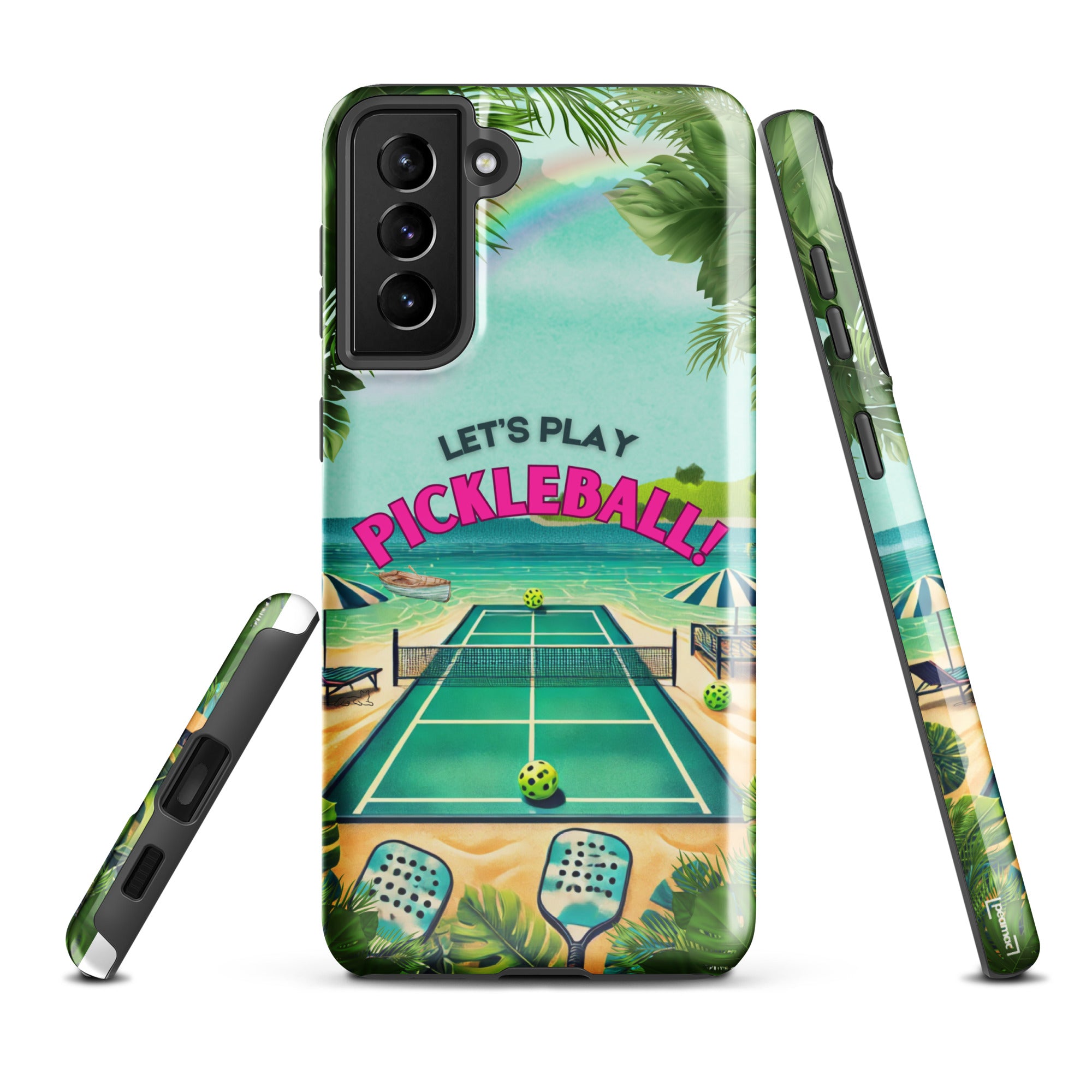 Tough glossy Samsung Galaxy S21+ phone case featuring Let’s Play Pickleball design by PeaMac Pickleball Tees.