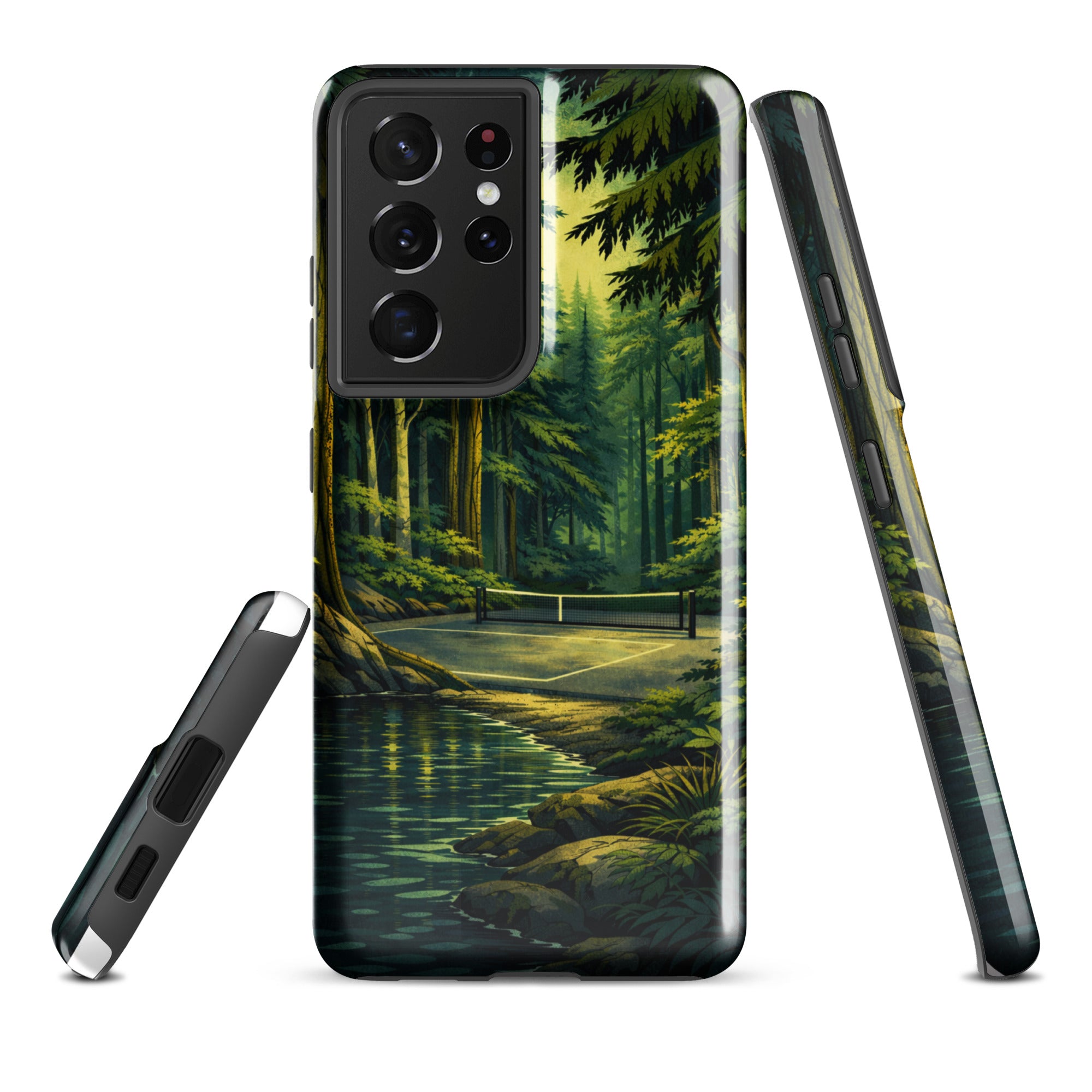 Tough Hidden Forest Pickleball phone case for Samsung Galaxy S21 Ultra, glossy finish, protective and stylish by PeaMac Pickleball Tees.