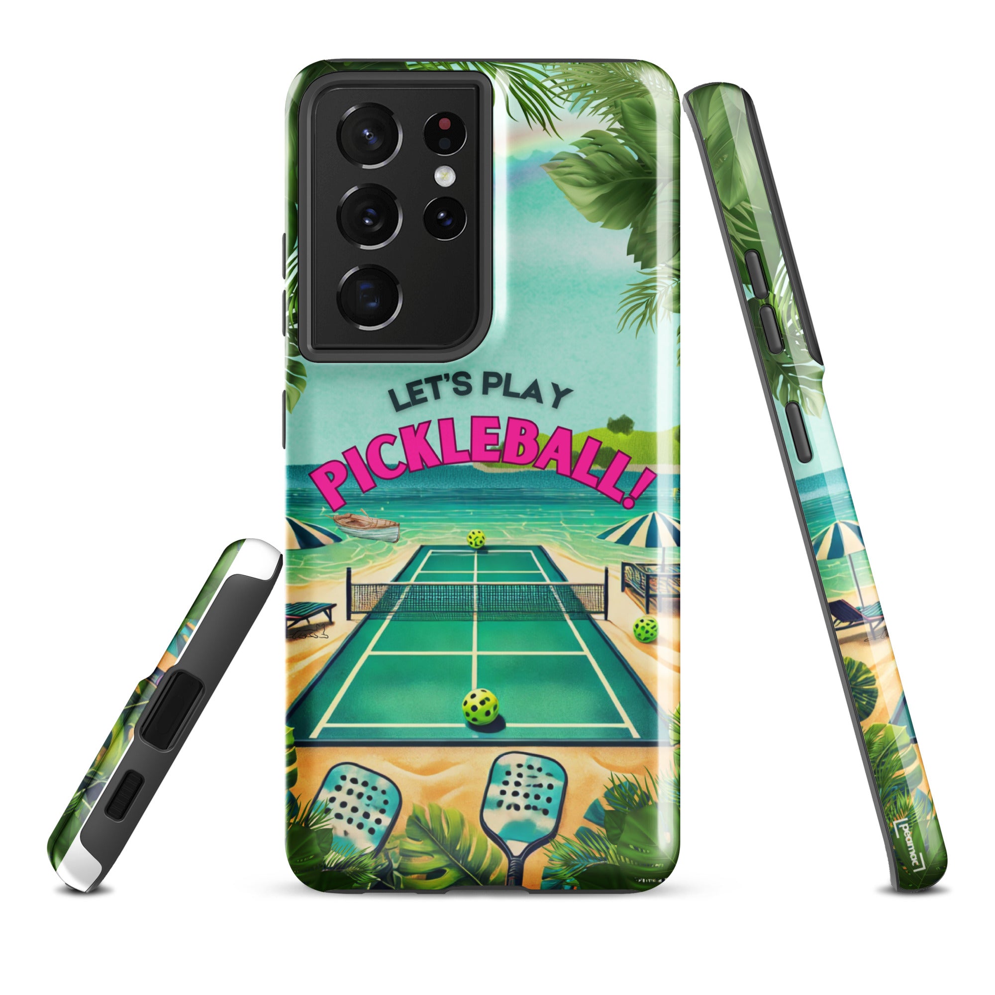 Tough glossy Samsung Galaxy S21 Ultra phone case featuring pickleball-themed design by PeaMac Pickleball Tees.