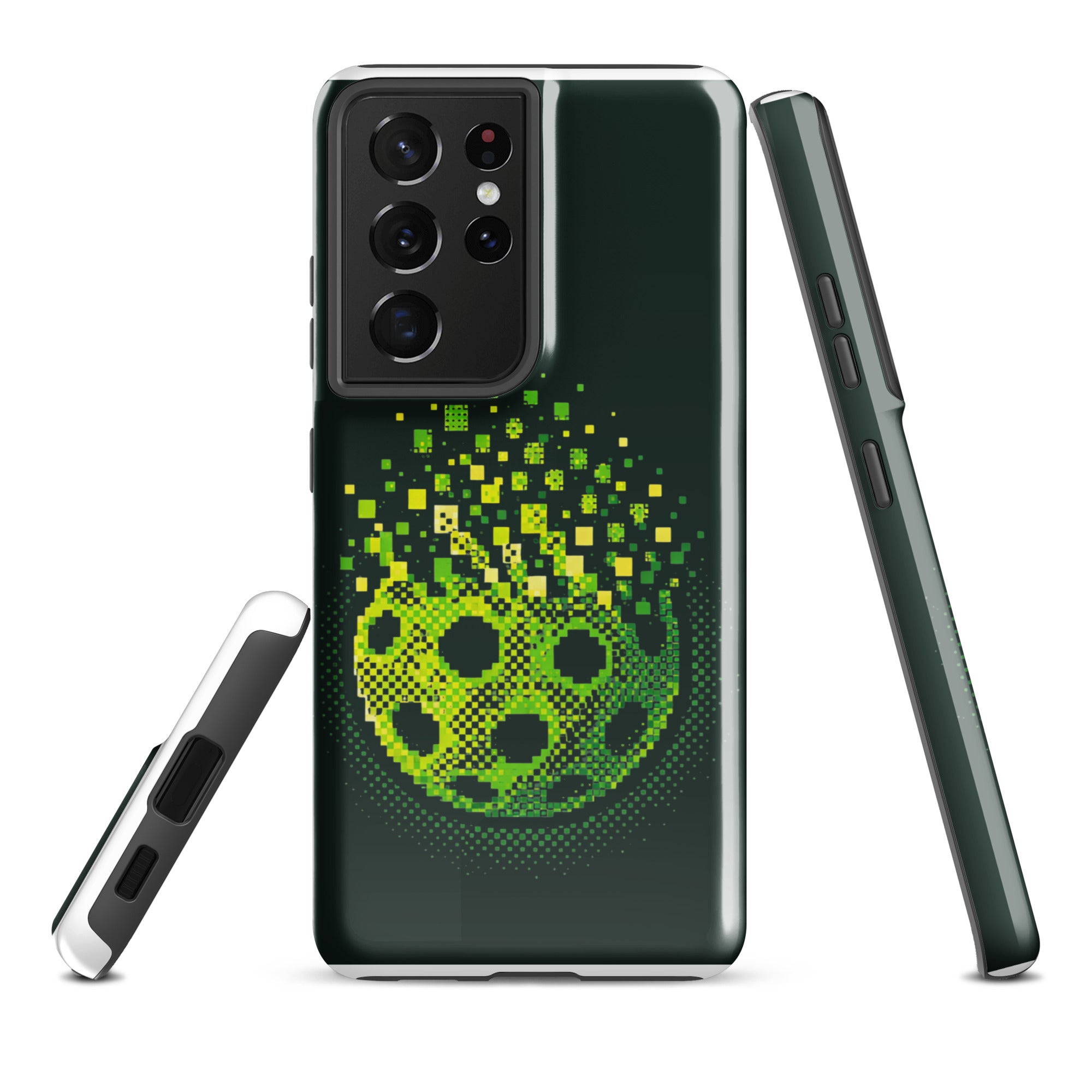 PeaMac Pickleball Matrix Burst phone case for Samsung Galaxy S21 Ultra, glossy tough protective cover with colorful pickleball design.