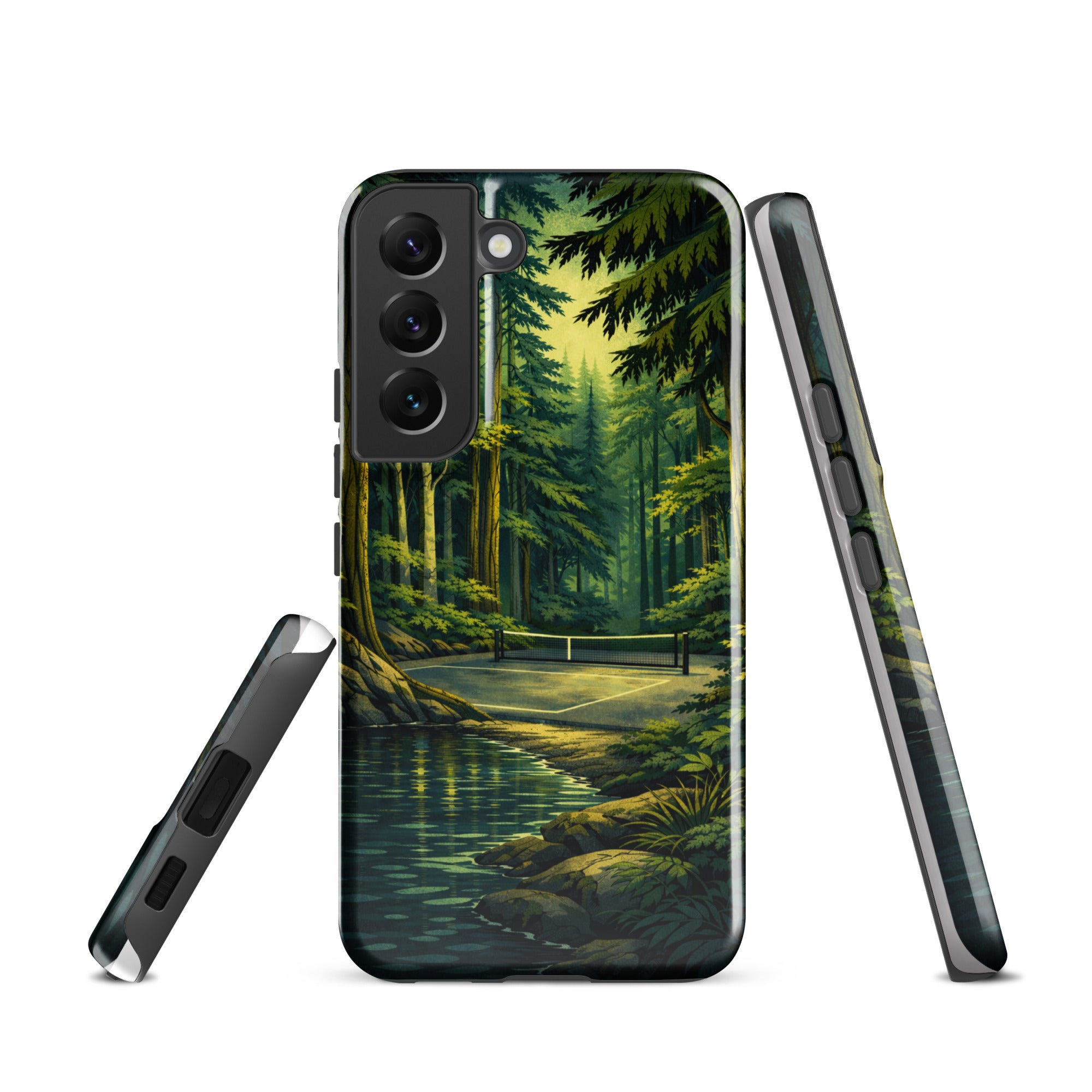 Glossy Samsung Galaxy S22 with PeaMac Pickleball Tees Hidden Forest Pickleball Phone Case, tough and protective.