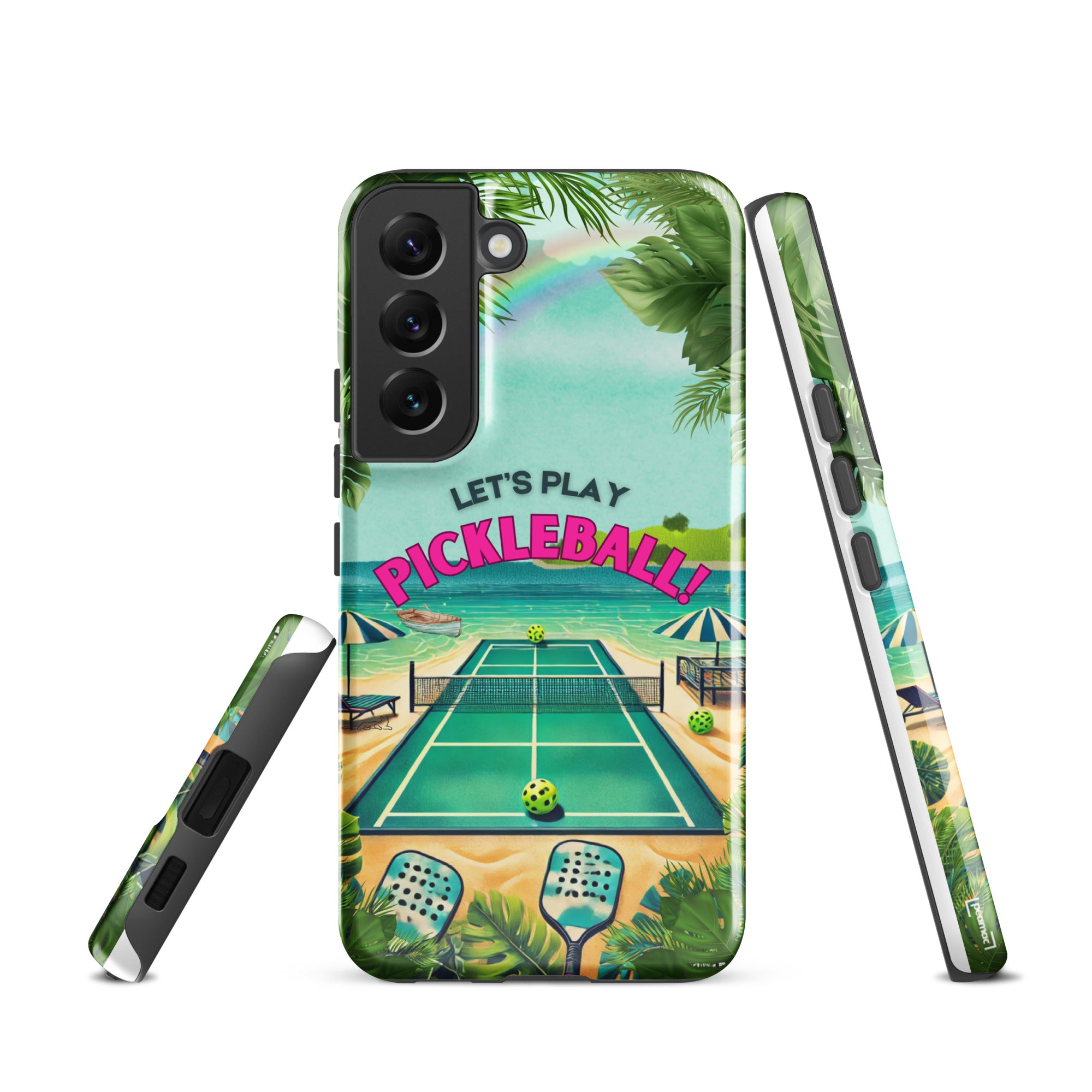Glossy Samsung Galaxy S22 phone case featuring a colorful pickleball design by PeaMac Pickleball Tees, offering durable protection.