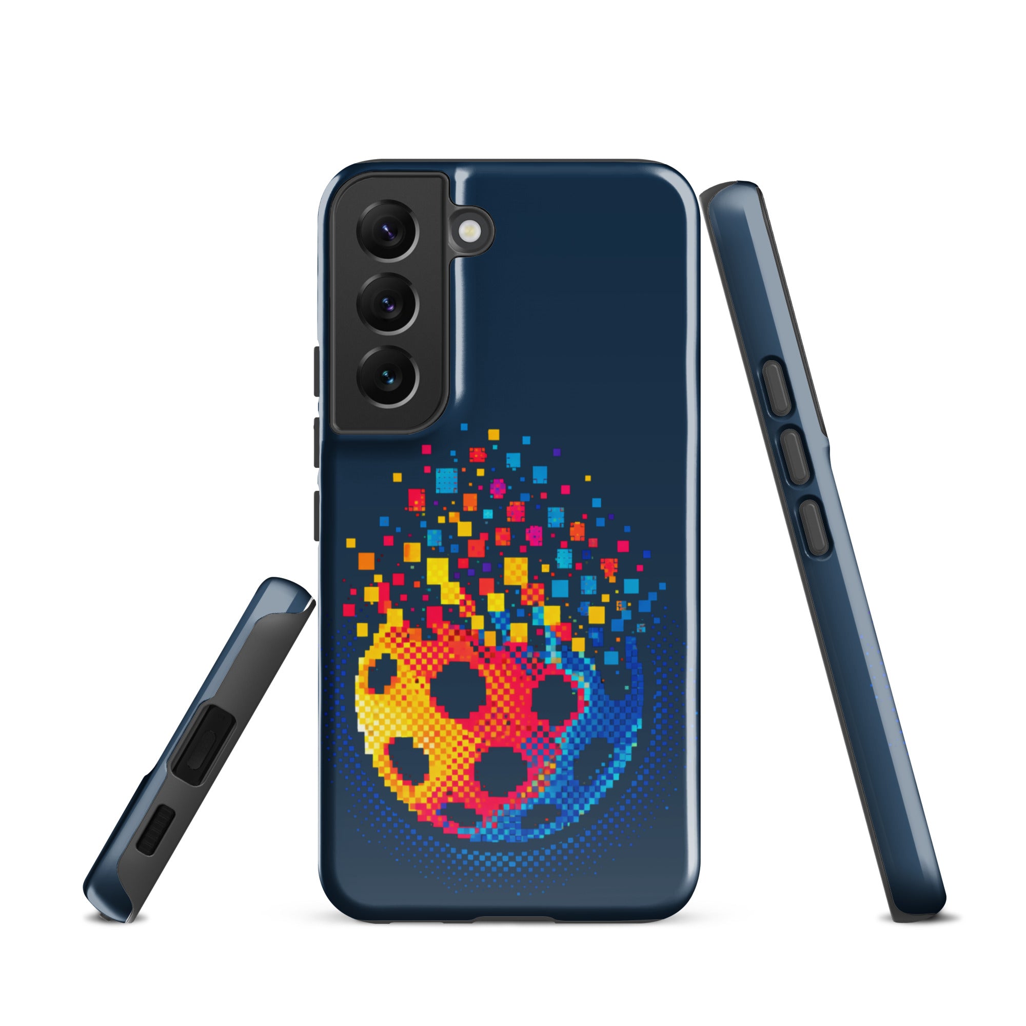 PeaMac Pickleball Matrix Burst Phone Case for Samsung Galaxy S22, glossy tough protective cover with colorful pickleball design.