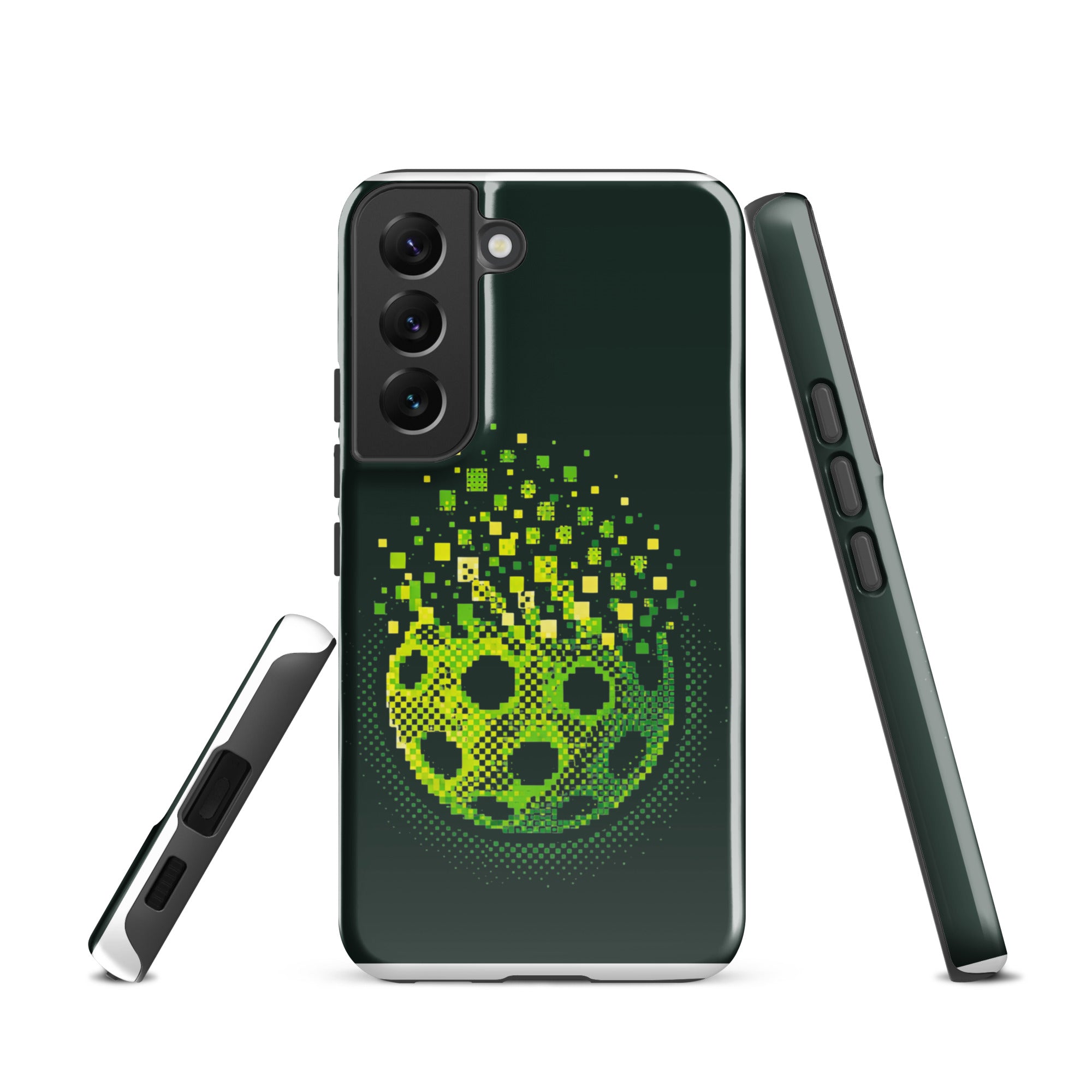 PeaMac Pickleball Matrix Burst tough phone case for Samsung Galaxy S22, glossy finish with colorful pickleball design.