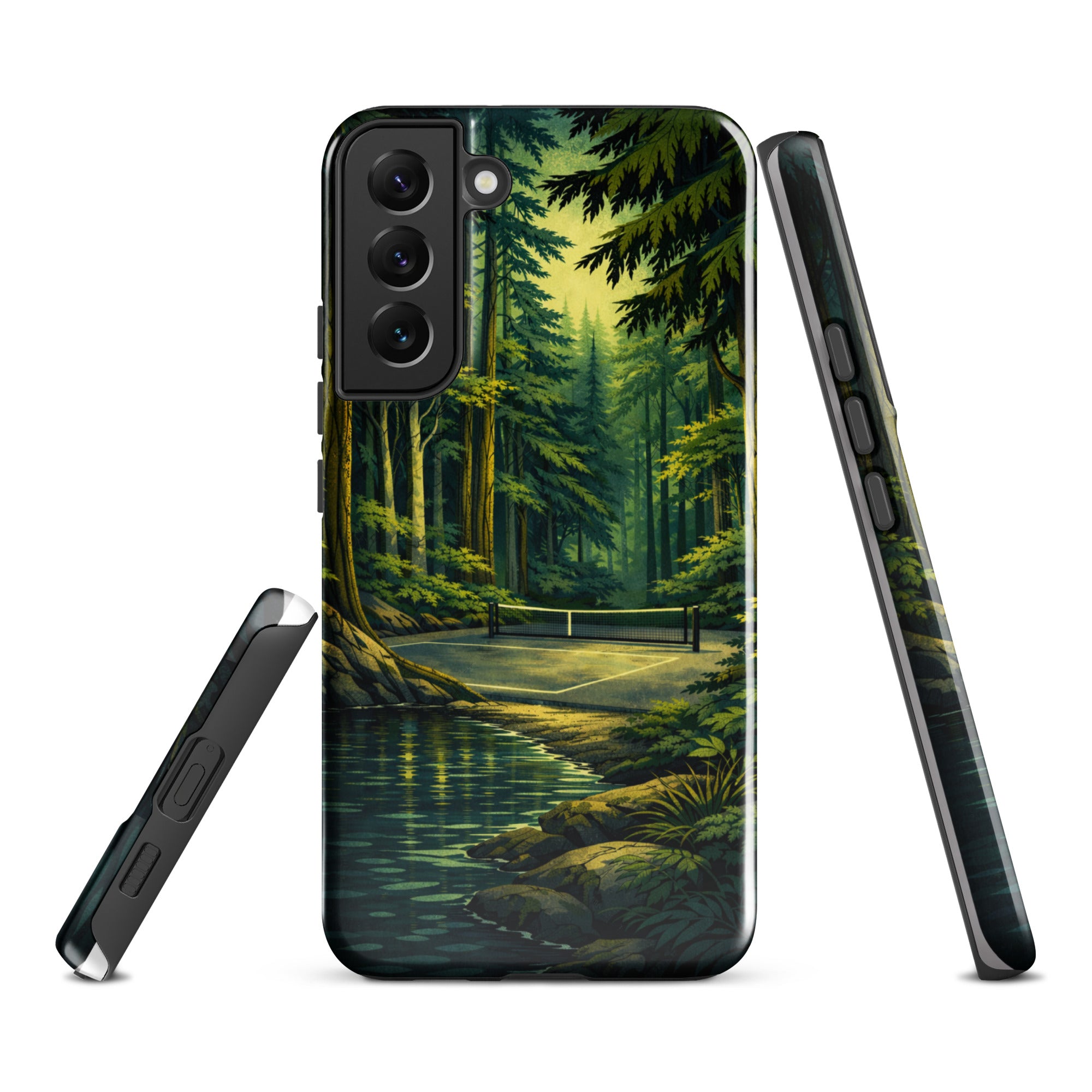Tough PeaMac Pickleball Forest Phone Case for Samsung Galaxy S22 Plus with glossy finish and forest-themed design.