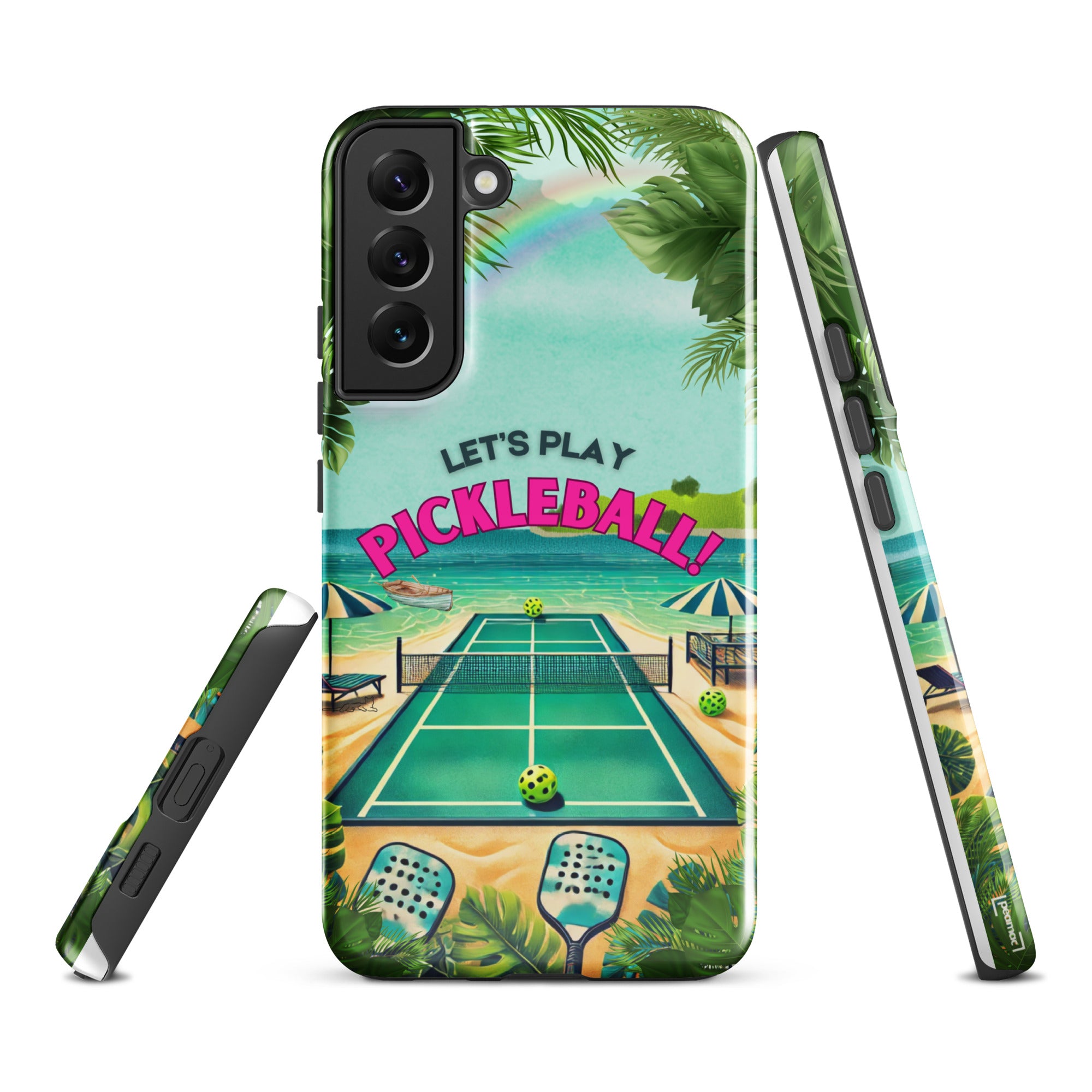 Tough glossy Samsung Galaxy S22 Plus phone case featuring colorful pickleball design by PeaMac Pickleball Tees.