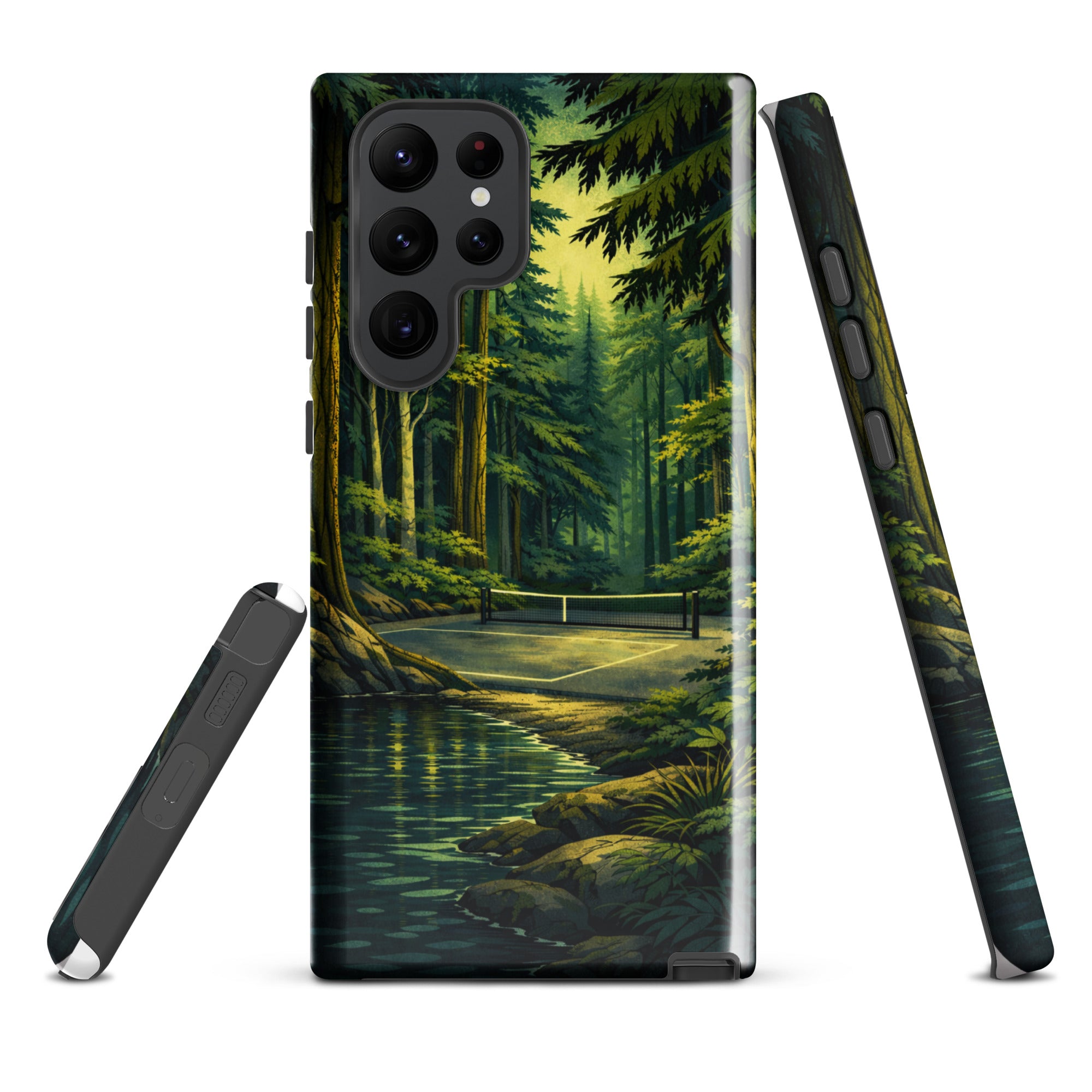 Glossy Samsung Galaxy S22 Ultra phone case with Hidden Forest Pickleball design by PeaMac Pickleball Tees.