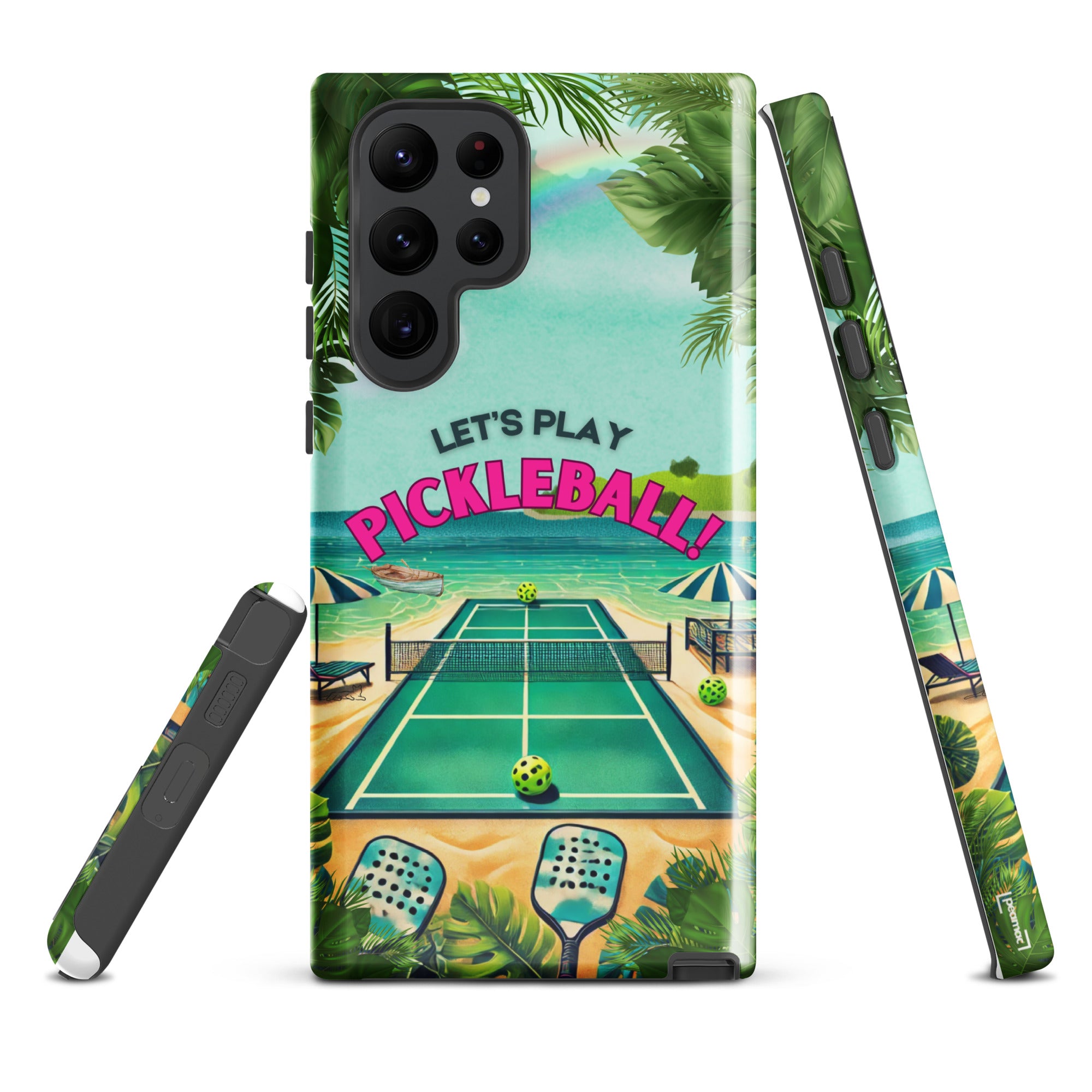 Glossy Samsung Galaxy S22 Ultra case featuring pickleball-themed design by PeaMac Pickleball Tees, durable and protective.