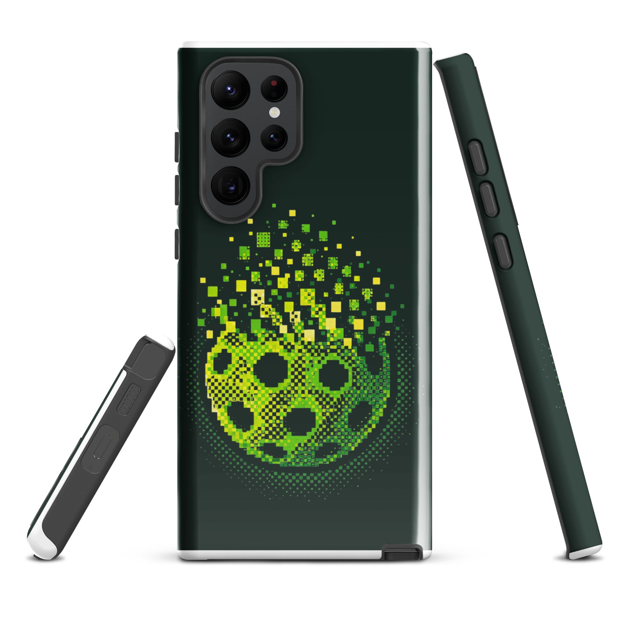 PeaMac Pickleball Matrix Burst phone case for Samsung Galaxy S22 Ultra, glossy, protective, with colorful pickleball design.