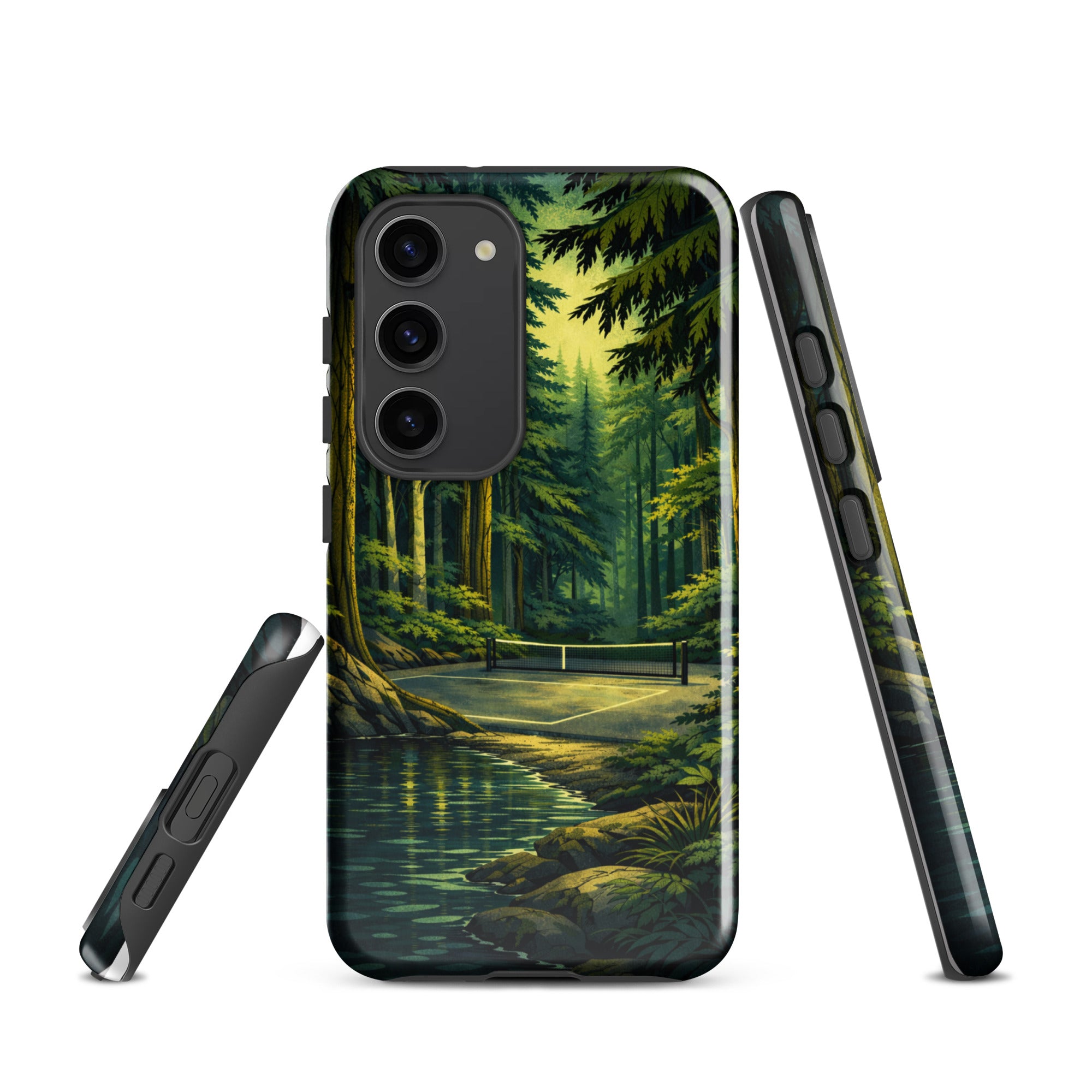 Tough PeaMac Pickleball Forest themed phone case for Samsung Galaxy S23, glossy finish, protective and stylish.