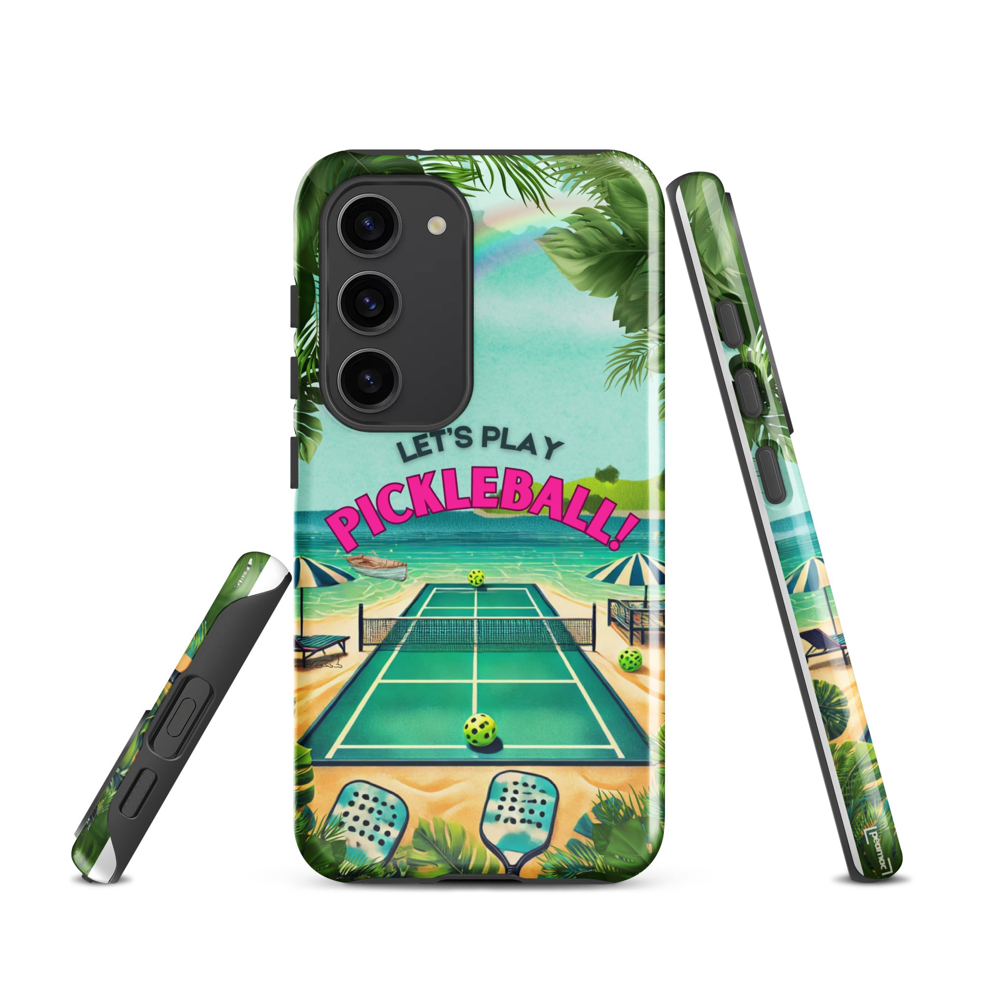 Glossy Samsung Galaxy S23 phone case by PeaMac Pickleball Tees, with "Let's Play Pickleball" design and durable tough protection.