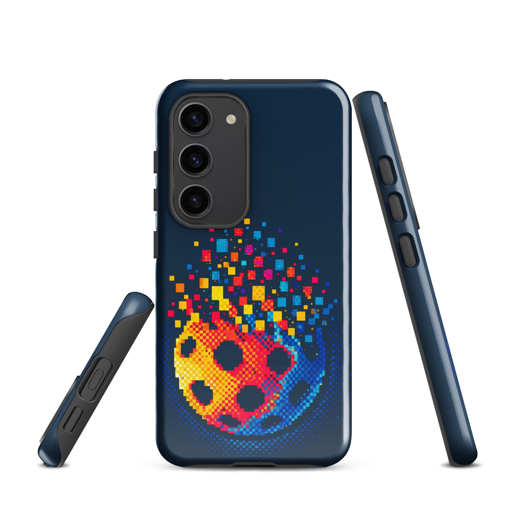 PeaMac Pickleball Matrix Burst Phone Case for Samsung Galaxy S23, glossy tough protective cover with colorful pickleball design.