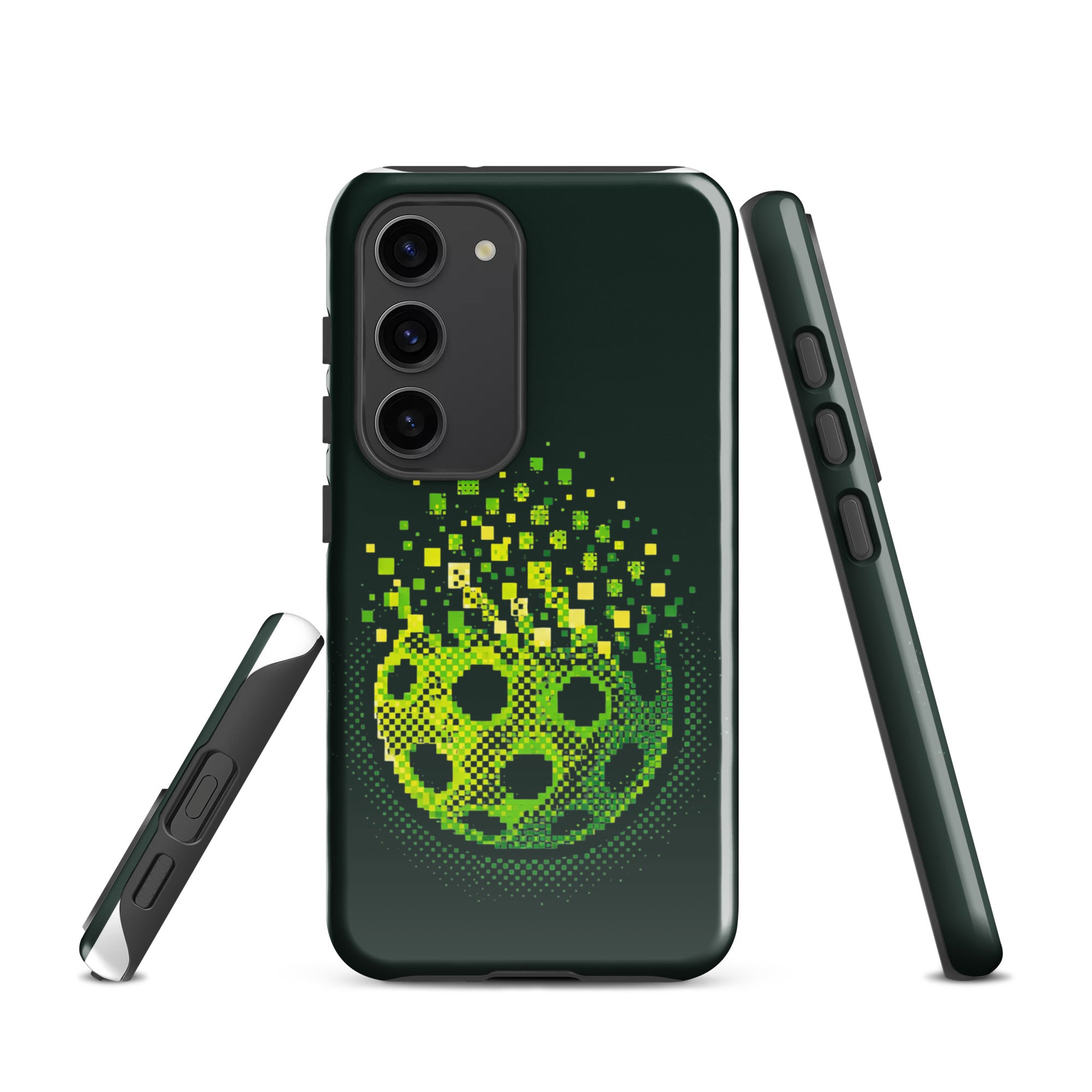 PeaMac Pickleball Matrix Burst phone case for Samsung Galaxy S23, glossy tough case with colorful pickleball design.