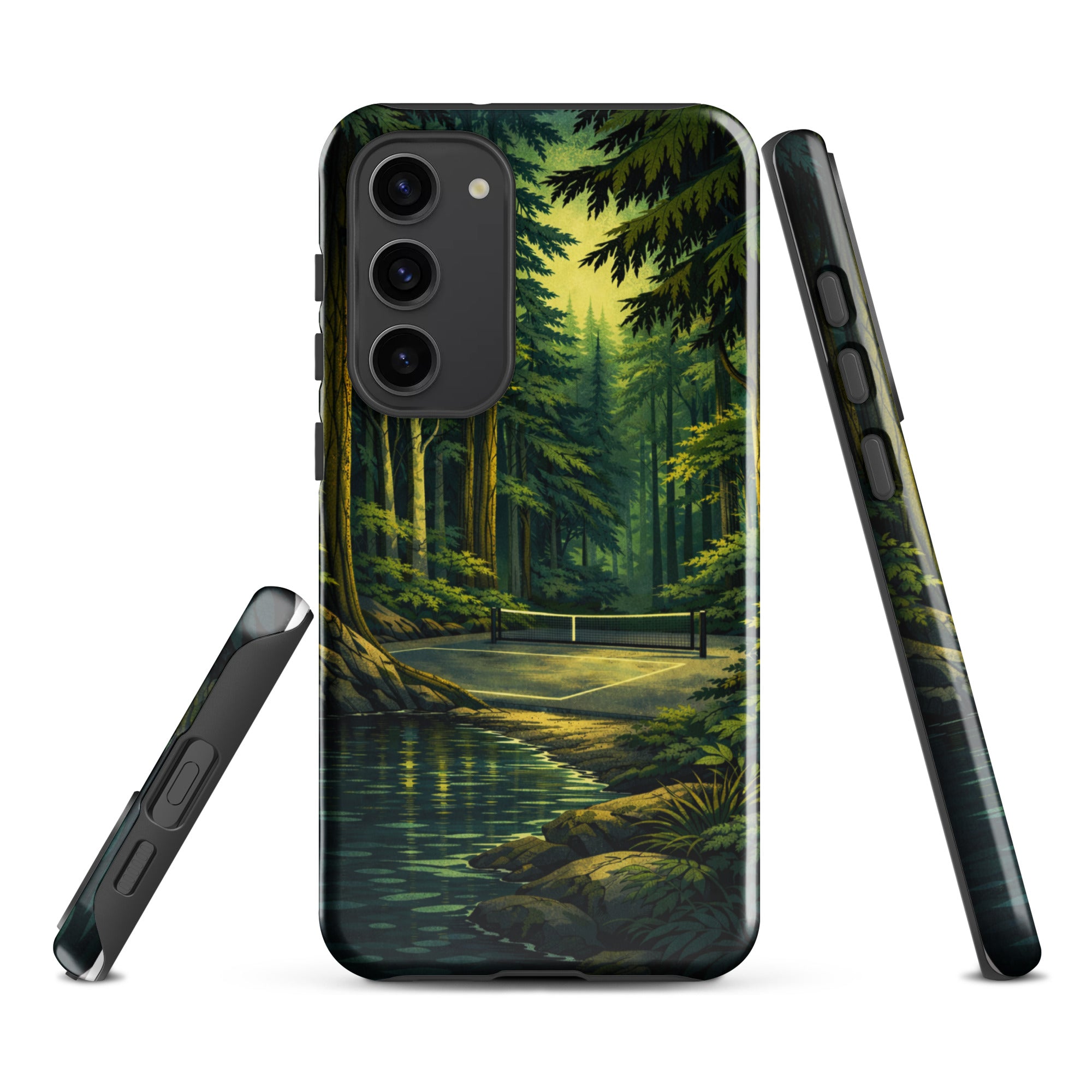 Glossy Samsung Galaxy S23+ phone case featuring a Hidden Forest Pickleball design by PeaMac Pickleball Tees.