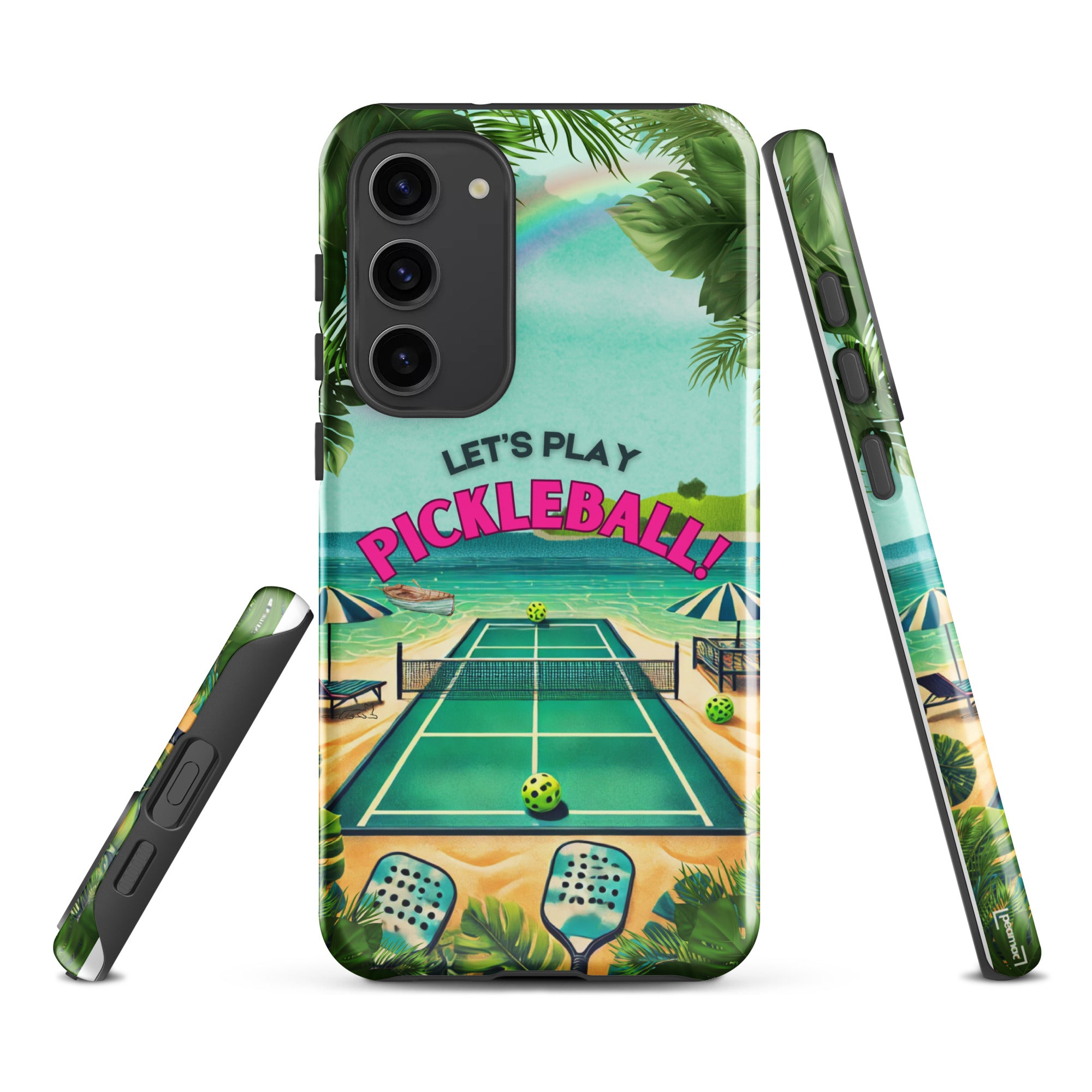 PeaMac Pickleball Tees tough phone case for Samsung Galaxy S23 Plus, glossy finish, durable protective cover with pickleball design.