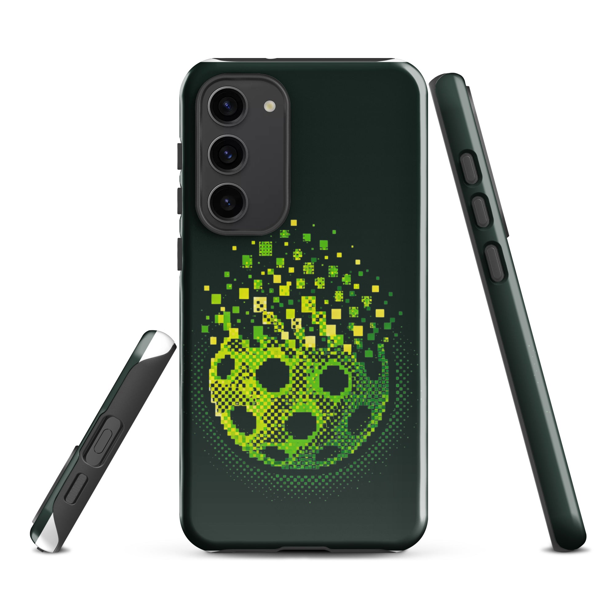PeaMac Pickleball Matrix Burst tough phone case for Samsung Galaxy S23 Plus, glossy finish with vibrant pickleball design.