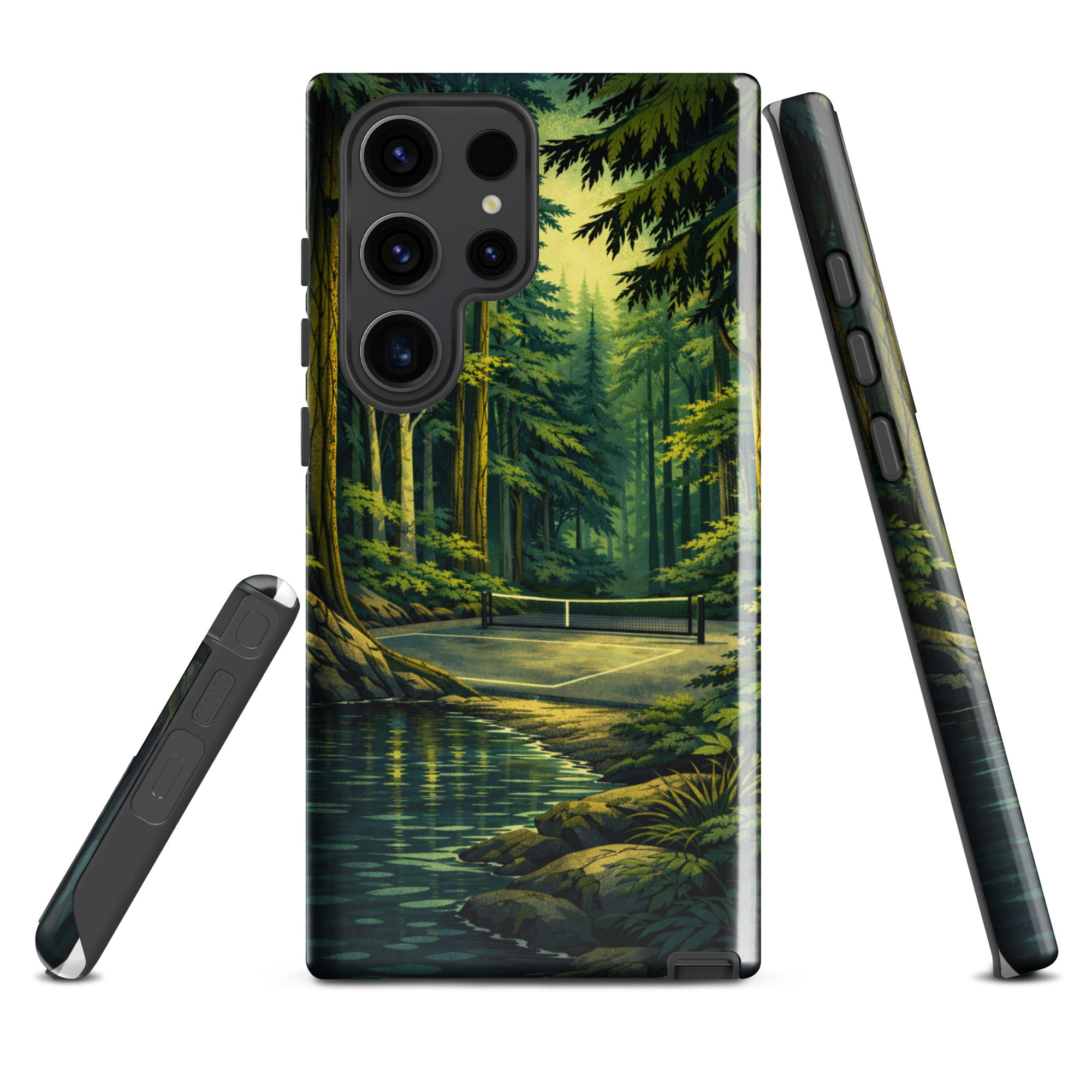 Samsung Galaxy S23 Ultra phone case featuring a hidden forest pickleball design, durable and glossy protective cover by PeaMac Pickleball Tees.