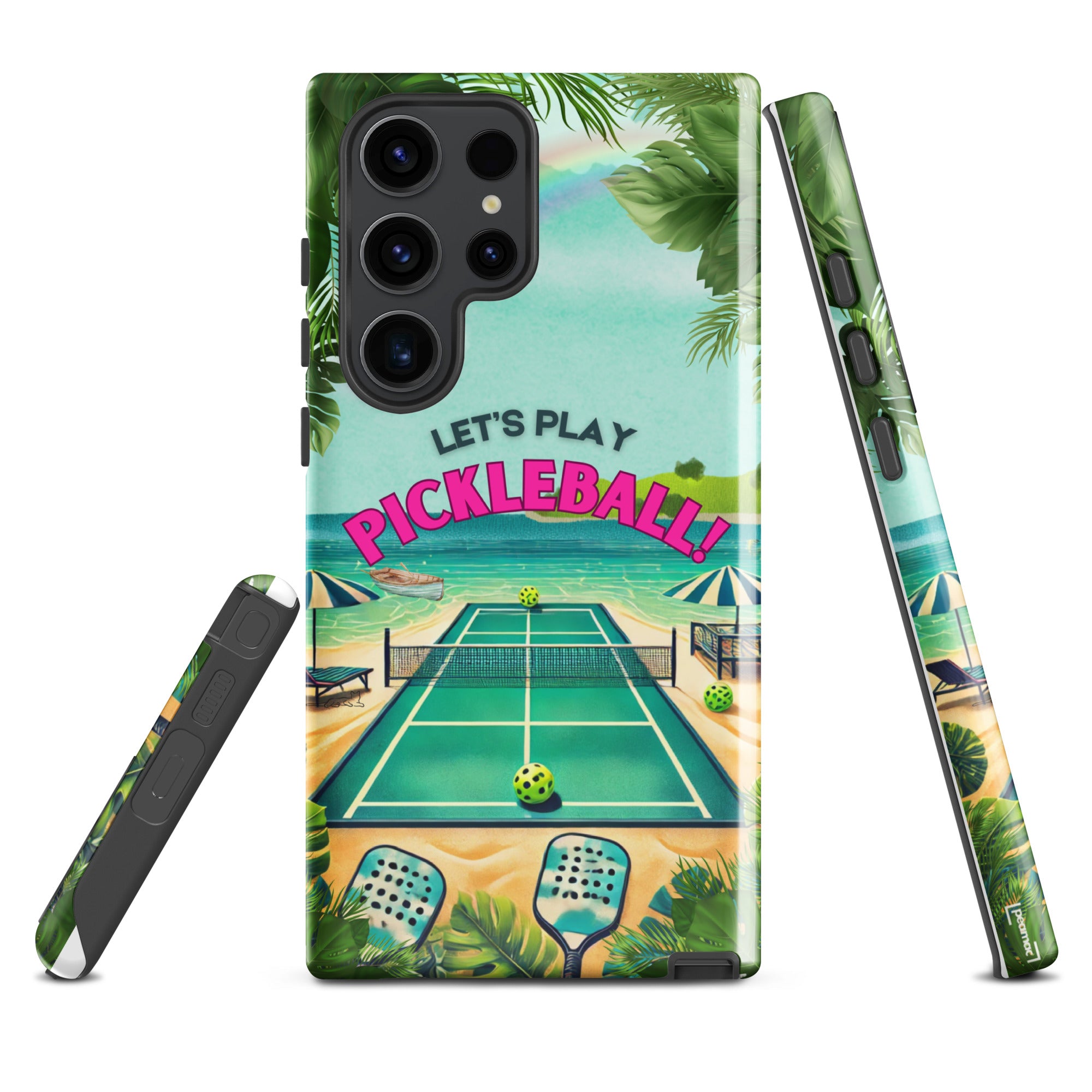 Tough glossy Samsung Galaxy S23 Ultra phone case featuring pickleball design by PeaMac Pickleball Tees.
