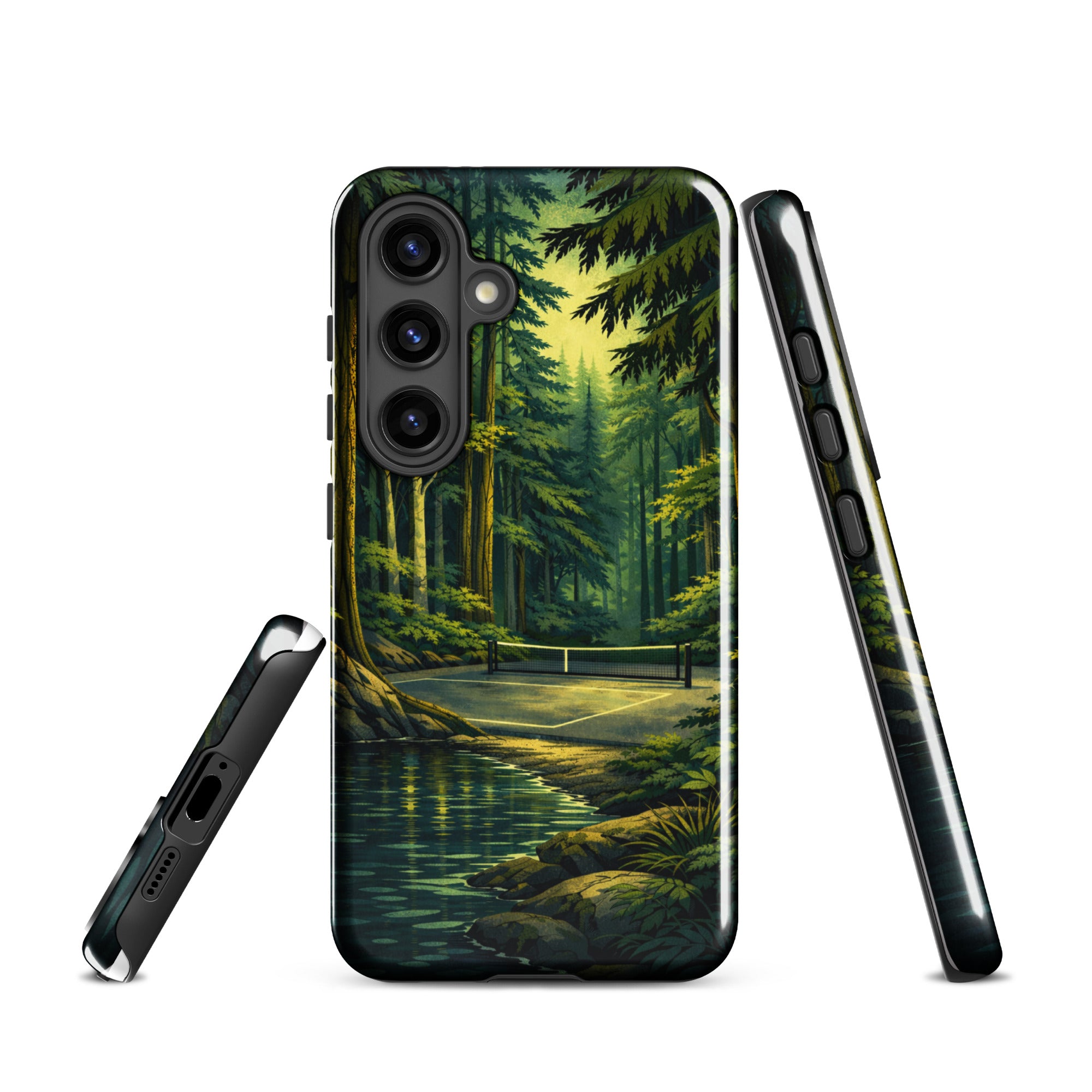 Glossy Samsung Galaxy S24 phone case with Hidden Forest Pickleball design, offering durable protection from PeaMac Pickleball Tees.