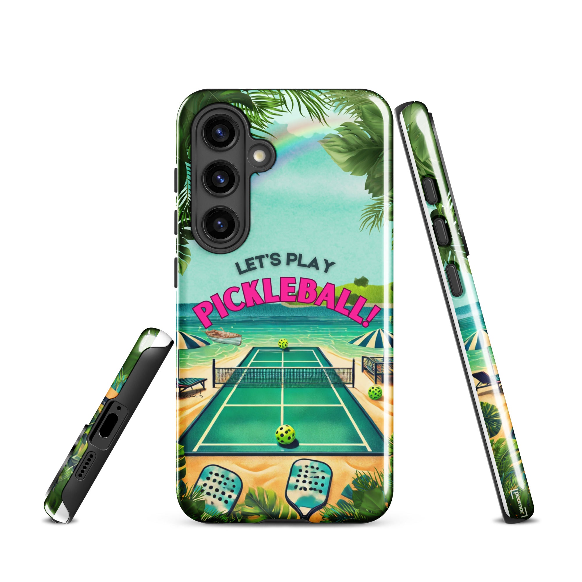 Glossy Samsung Galaxy S24 phone case with "Let's Play Pickleball" design by PeaMac Pickleball Tees, durable protective cover.
