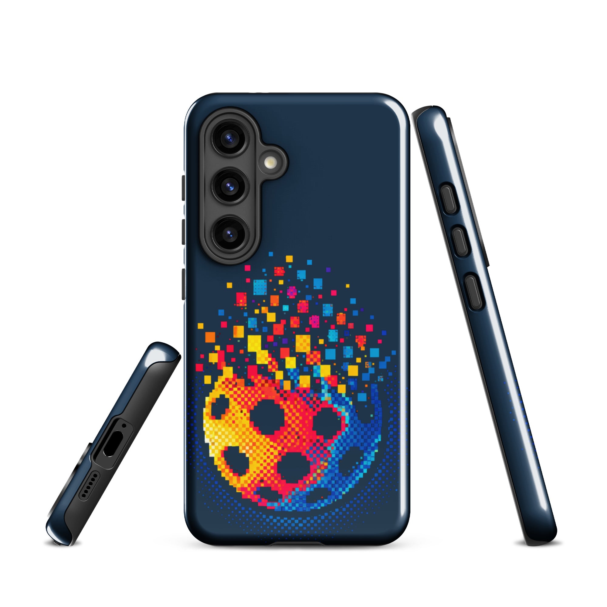 PeaMac Pickleball Matrix Burst phone case for Samsung Galaxy S24, glossy tough case with colorful pickleball design.