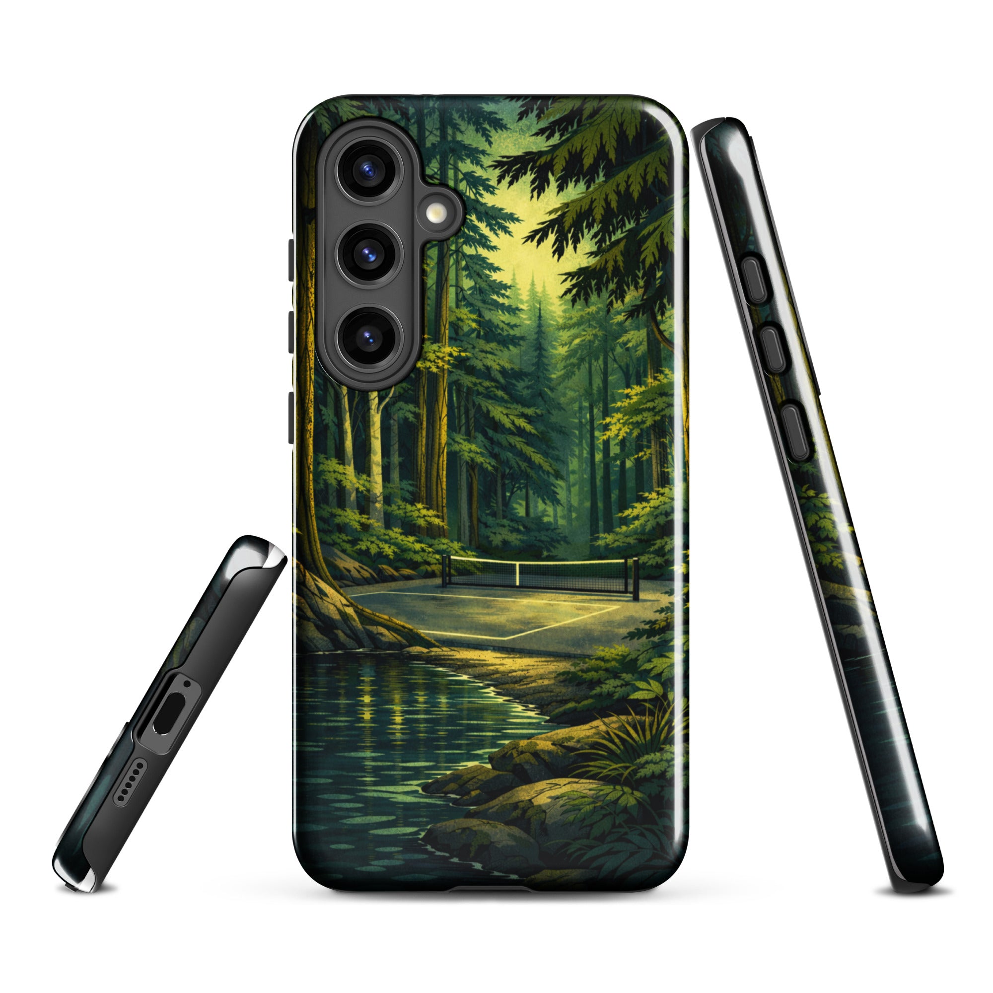 Tough Samsung Galaxy S24 Plus phone case with Hidden Forest Pickleball design by PeaMac Pickleball Tees, glossy finish.
