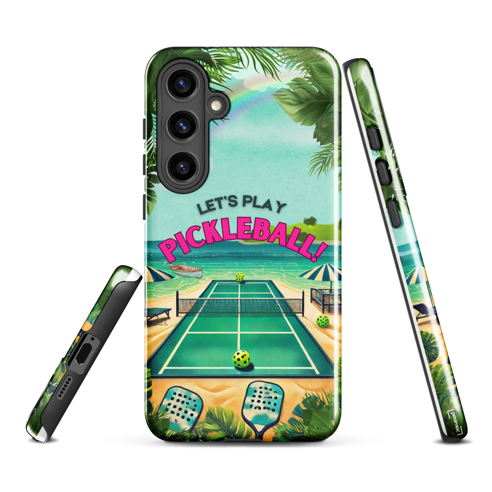 Tough Samsung Galaxy S24 Plus phone case featuring colorful pickleball design by PeaMac Pickleball Tees.
